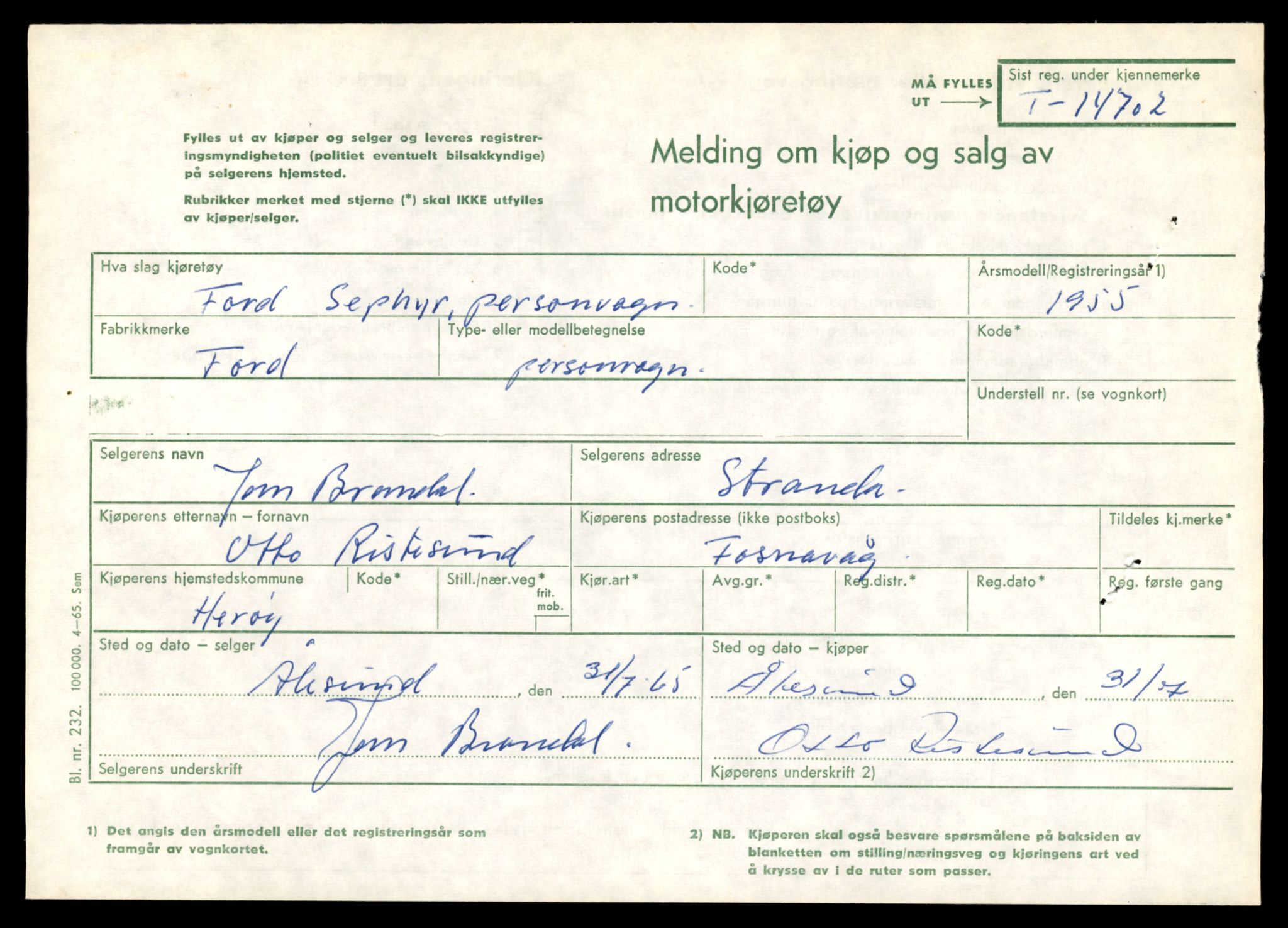 Møre og Romsdal vegkontor - Ålesund trafikkstasjon, SAT/A-4099/F/Fe/L0047: Registreringskort for kjøretøy T 14580 - T 14720, 1927-1998, p. 2865