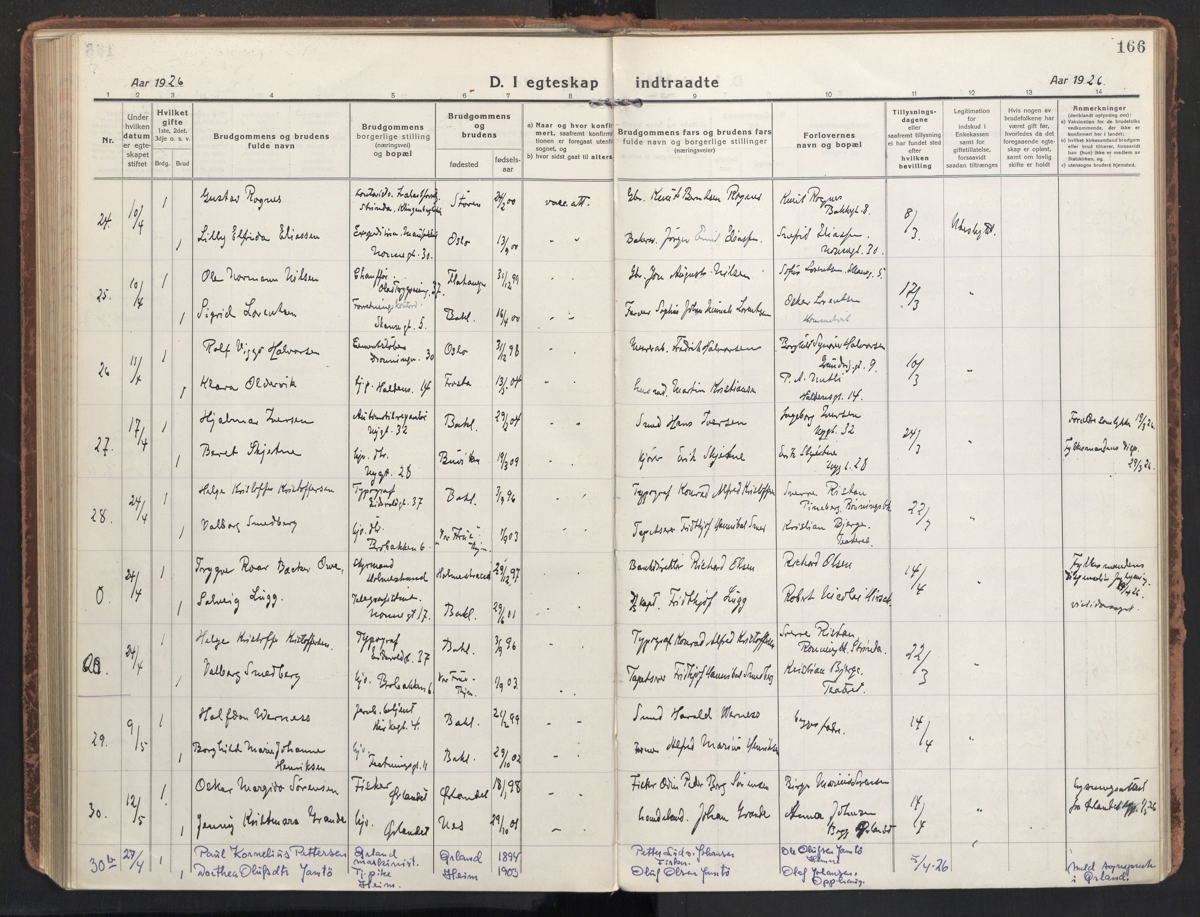 Ministerialprotokoller, klokkerbøker og fødselsregistre - Sør-Trøndelag, AV/SAT-A-1456/604/L0206: Parish register (official) no. 604A26, 1917-1931, p. 166