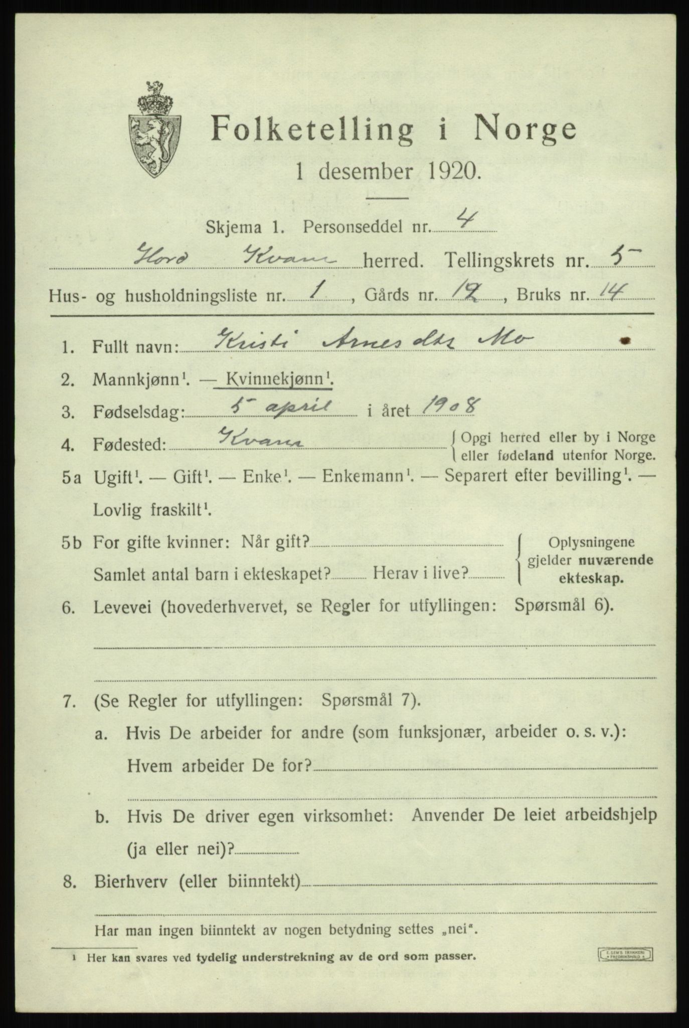 SAB, 1920 census for Kvam, 1920, p. 3777