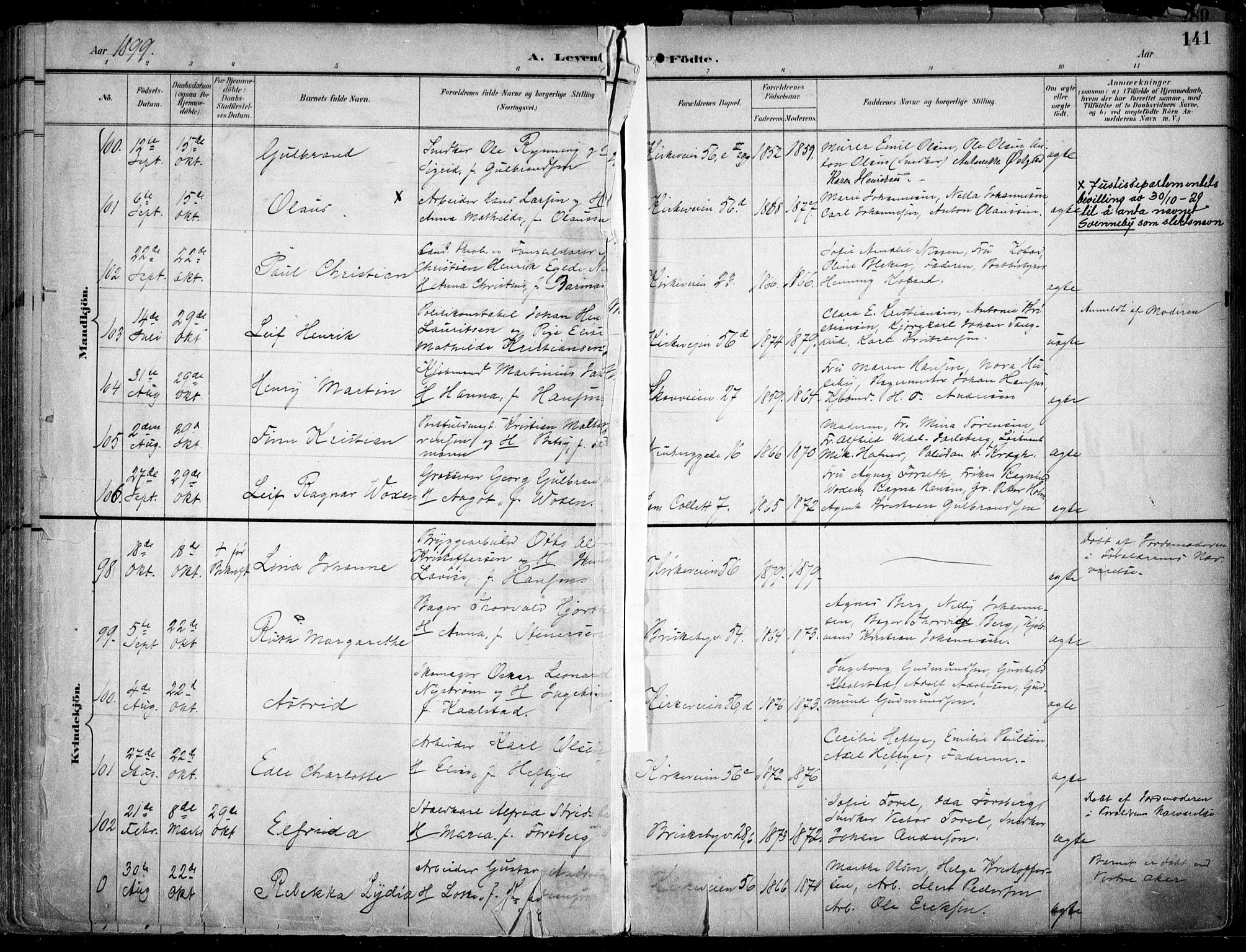 Uranienborg prestekontor Kirkebøker, AV/SAO-A-10877/F/Fa/L0005: Parish register (official) no. 5, 1895-1907, p. 141