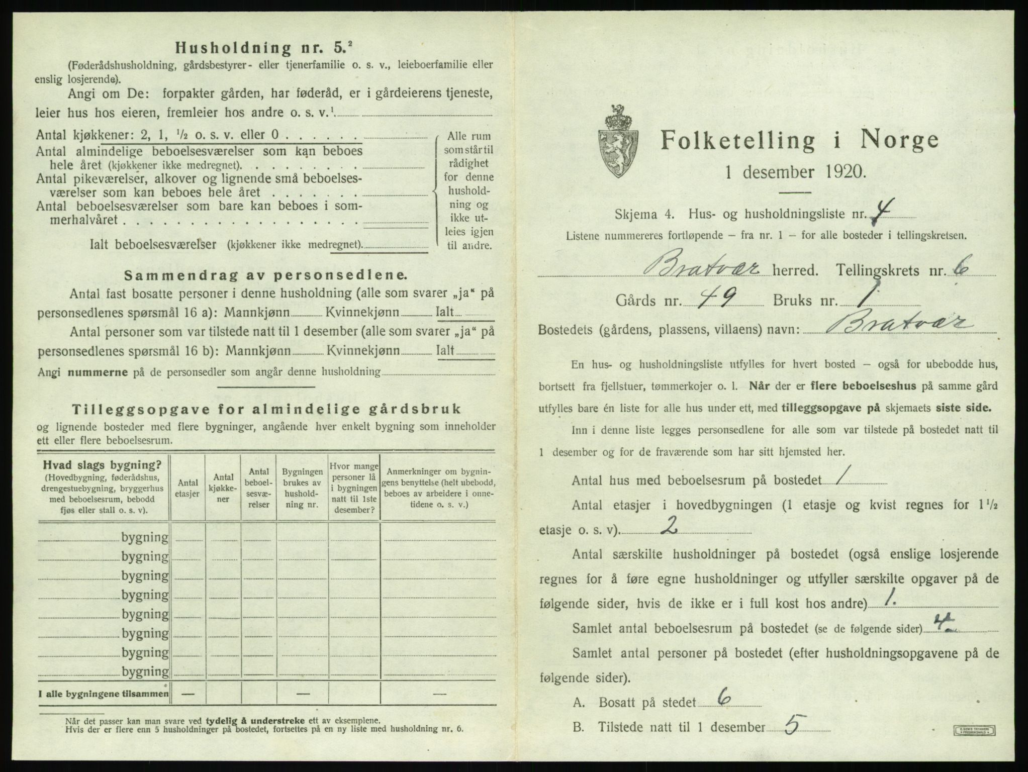 SAT, 1920 census for Brattvær, 1920, p. 436