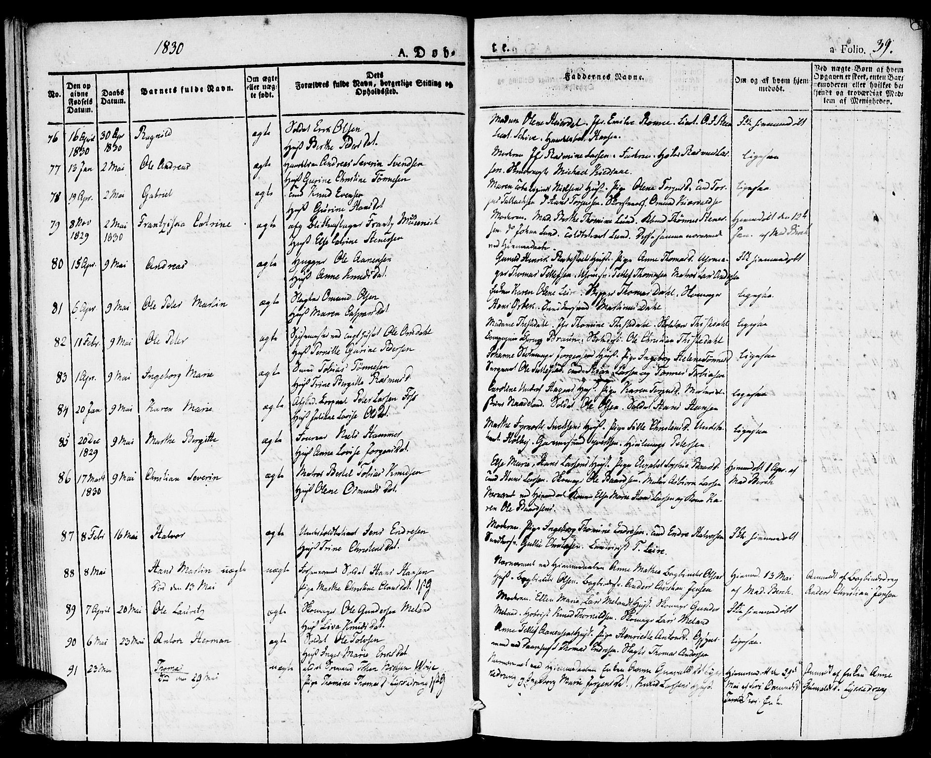 Kristiansand domprosti, SAK/1112-0006/F/Fa/L0011: Parish register (official) no. A 11, 1827-1841, p. 39