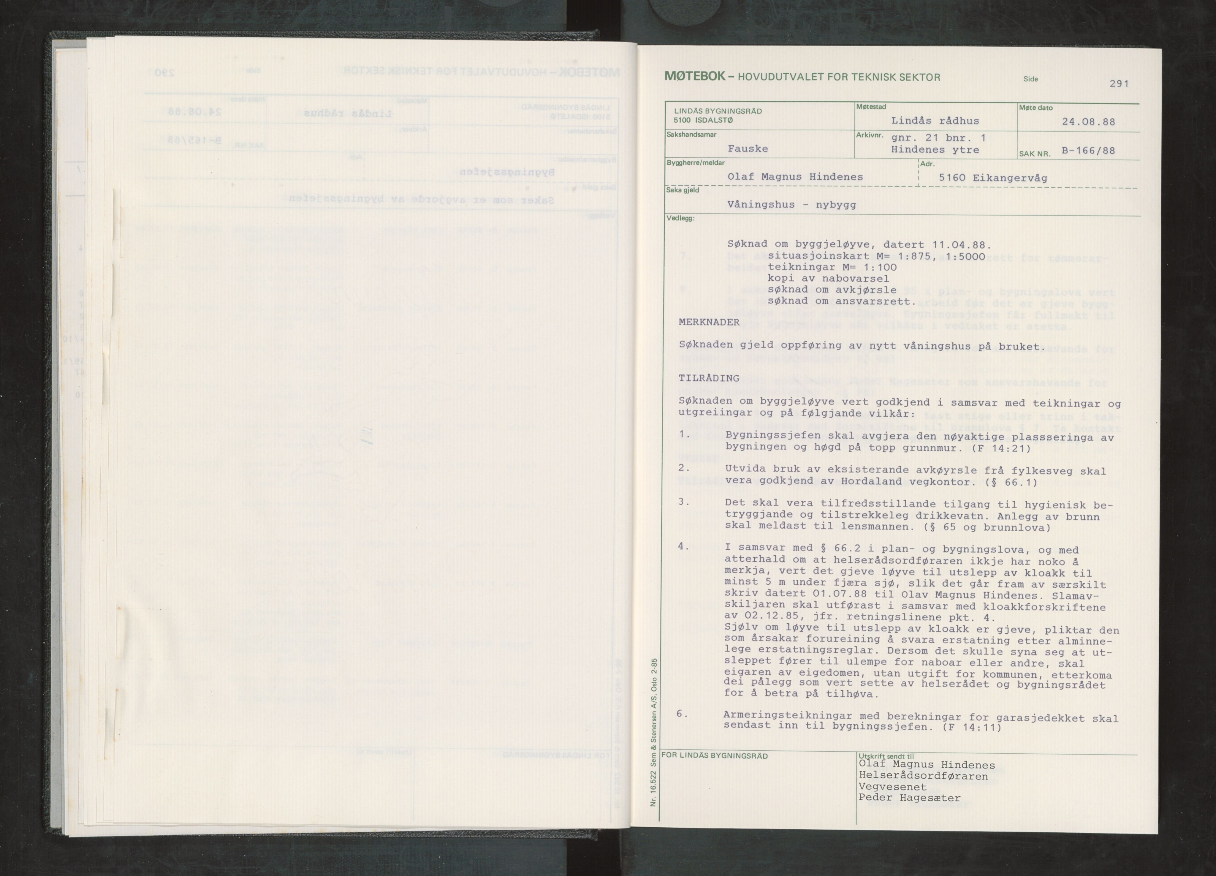 Lindås kommune. Bygningsrådet, IKAH/1263-511/A/Aa/L0063: Møtebok for Lindås bygningsråd, 1988