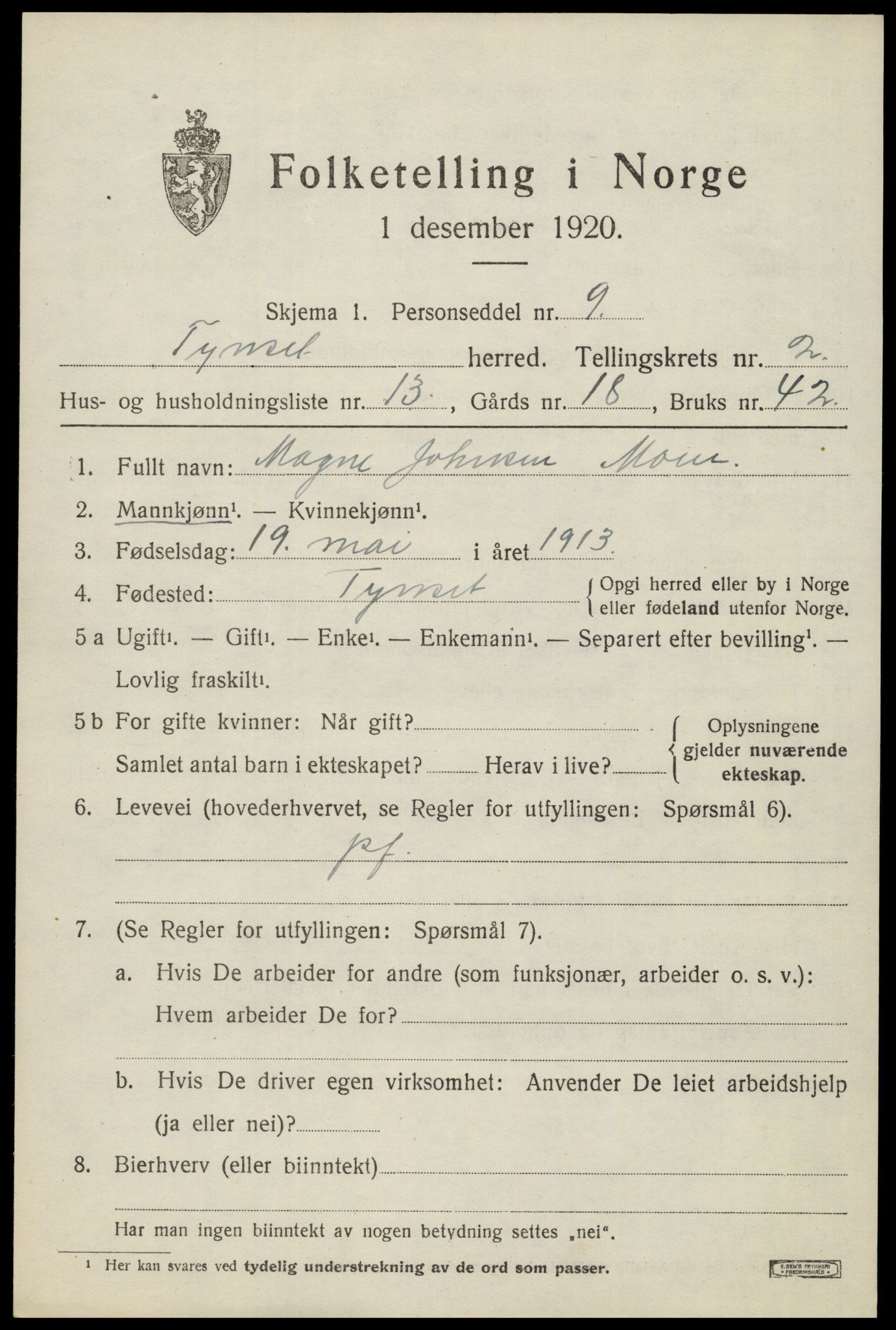 SAH, 1920 census for Tynset, 1920, p. 2442