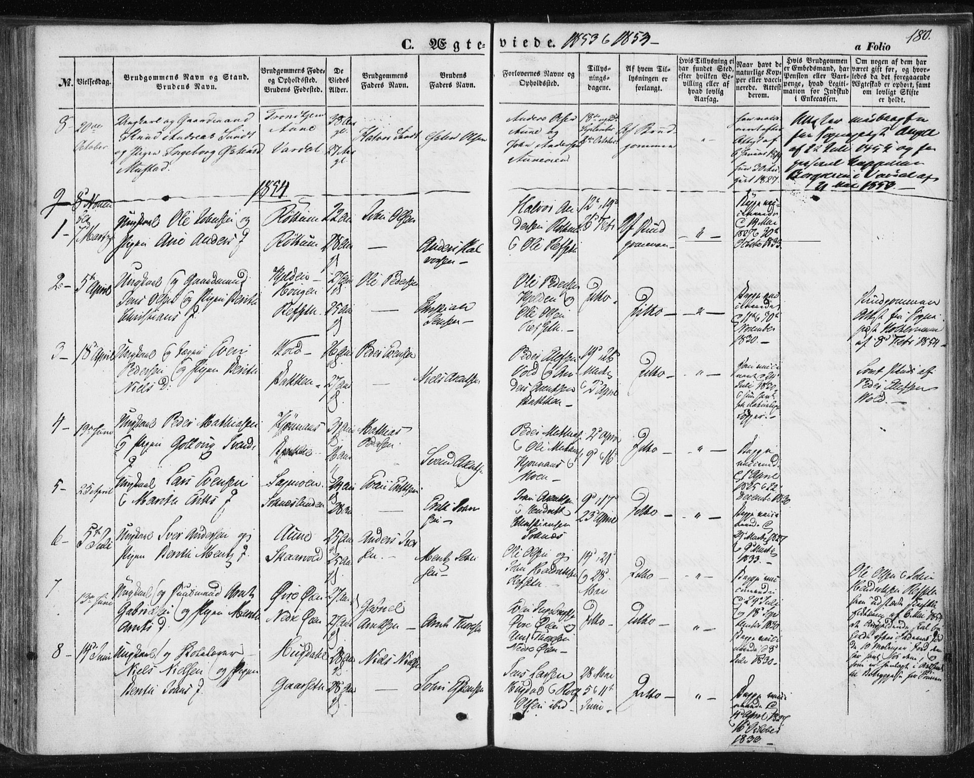 Ministerialprotokoller, klokkerbøker og fødselsregistre - Sør-Trøndelag, SAT/A-1456/687/L1000: Parish register (official) no. 687A06, 1848-1869, p. 180