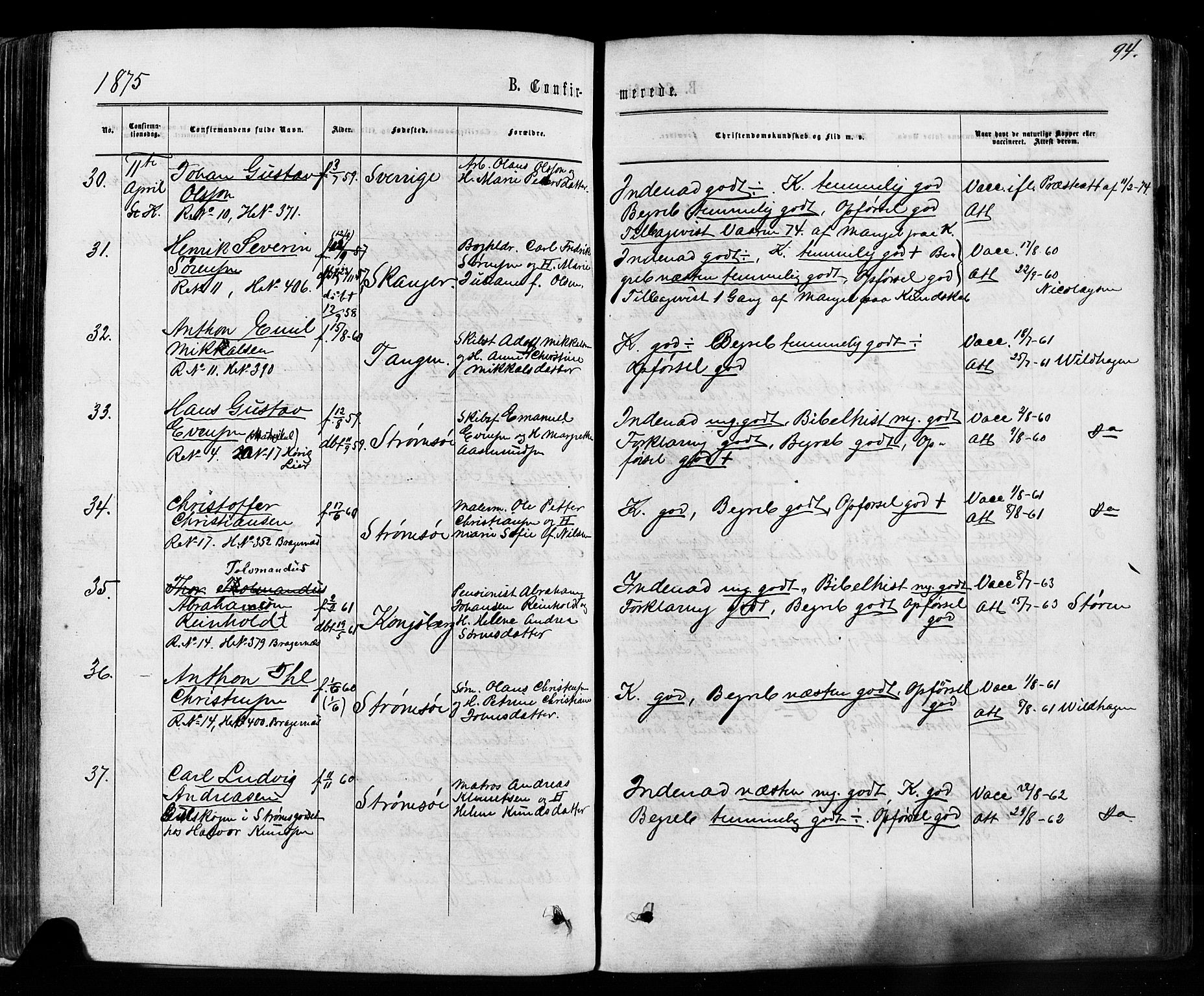 Strømsø kirkebøker, AV/SAKO-A-246/F/Fa/L0018: Parish register (official) no. I 18, 1865-1878, p. 94