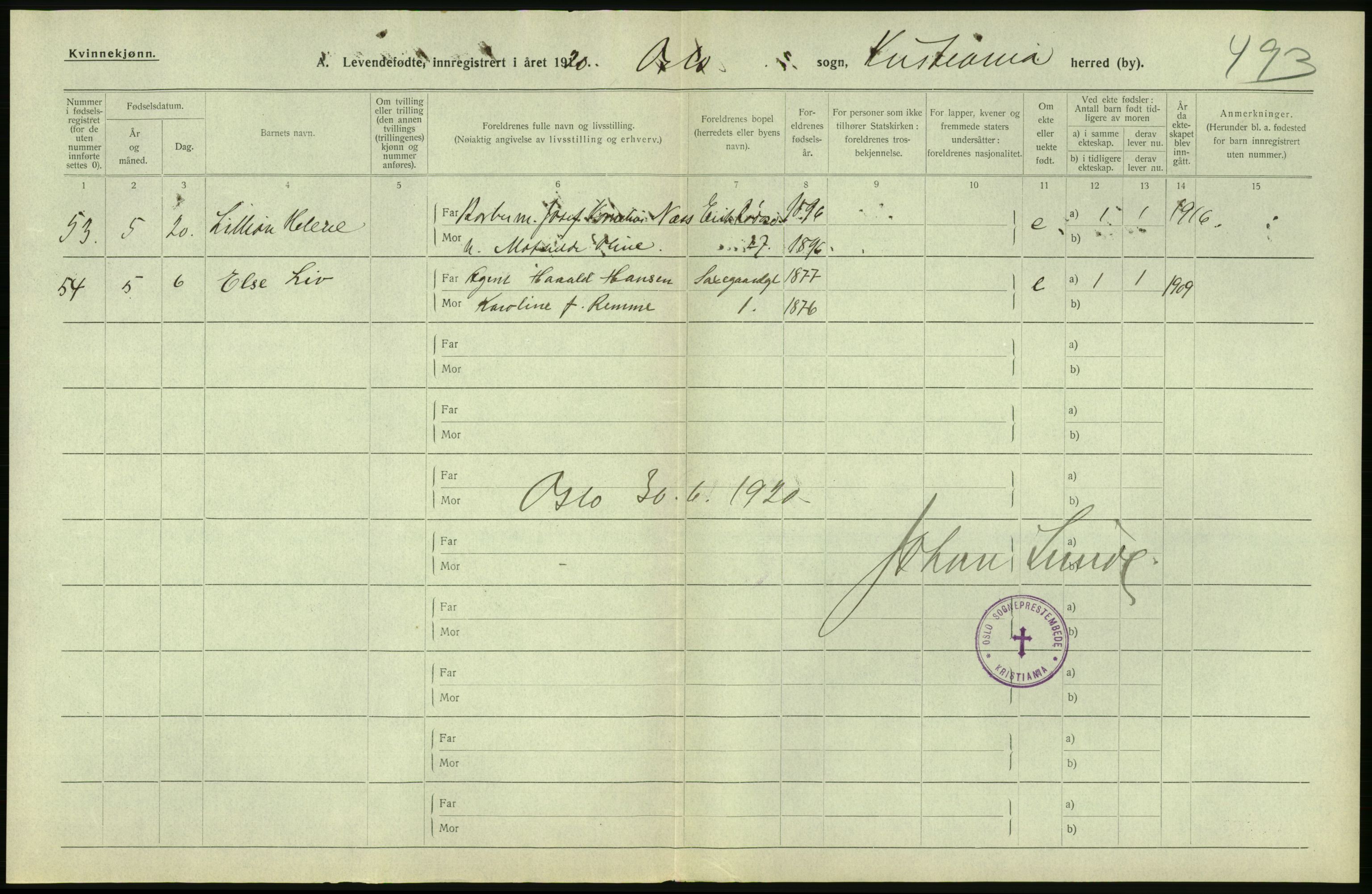 Statistisk sentralbyrå, Sosiodemografiske emner, Befolkning, AV/RA-S-2228/D/Df/Dfb/Dfbj/L0008: Kristiania: Levendefødte menn og kvinner., 1920, p. 40