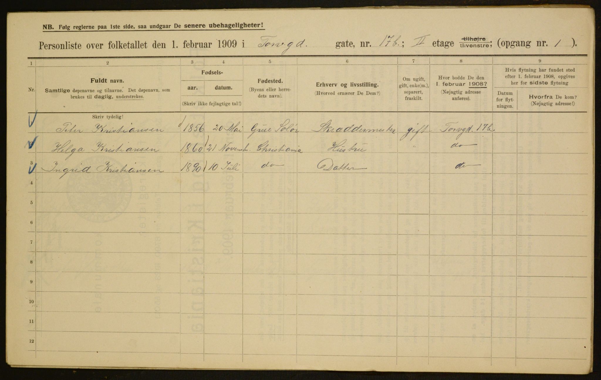 OBA, Municipal Census 1909 for Kristiania, 1909, p. 103405