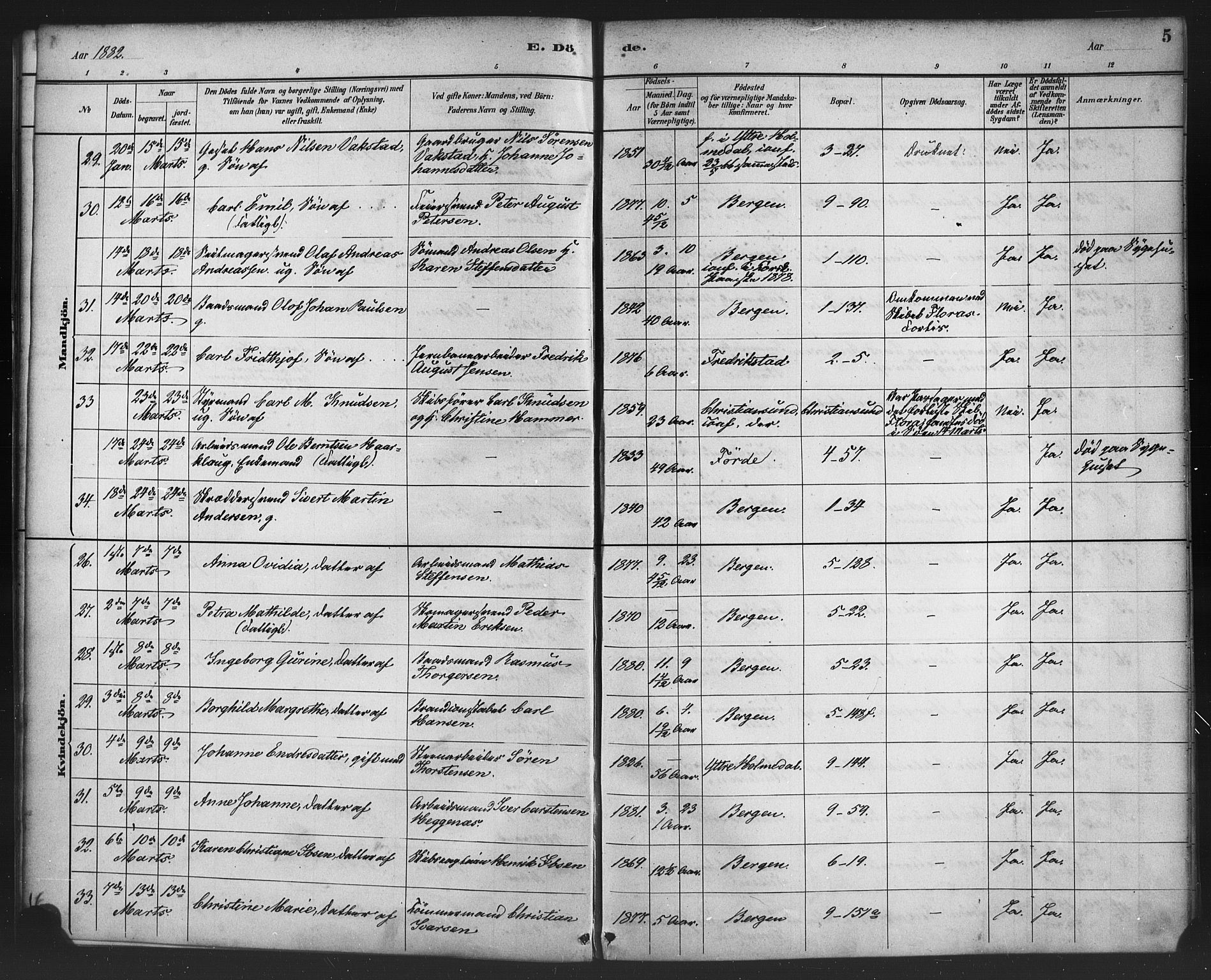 Nykirken Sokneprestembete, AV/SAB-A-77101/H/Haa/L0044: Parish register (official) no. E 4, 1882-1898, p. 5