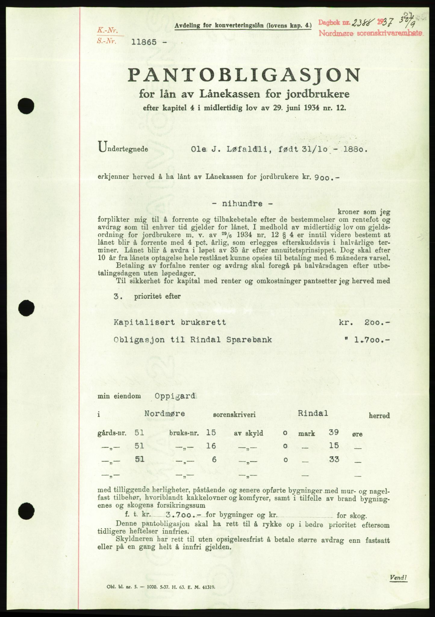 Nordmøre sorenskriveri, AV/SAT-A-4132/1/2/2Ca/L0092: Mortgage book no. B82, 1937-1938, Diary no: : 2388/1937