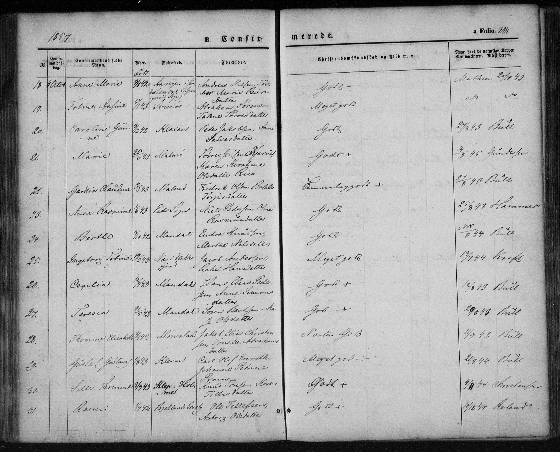 Mandal sokneprestkontor, AV/SAK-1111-0030/F/Fa/Faa/L0013: Parish register (official) no. A 13, 1847-1859, p. 254