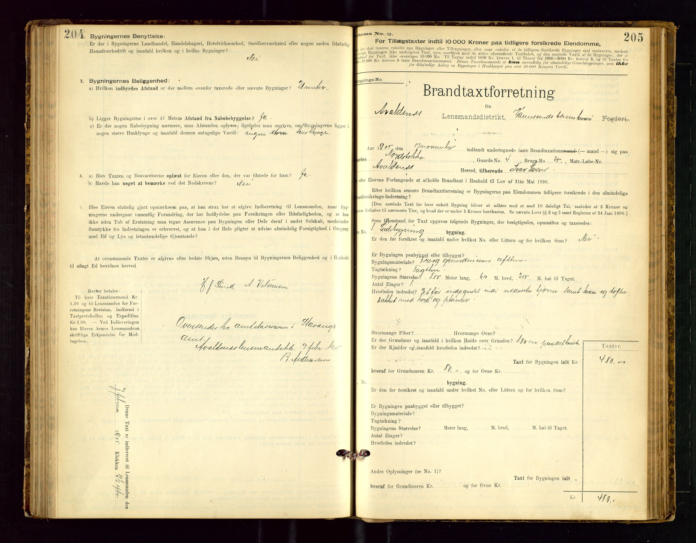 Avaldsnes lensmannskontor, SAST/A-100286/Gob/L0001: "Brandtaxationsprotokol for Avaldsnes Lensmandsdistrikt Ryfylke Fogderi", 1894-1925, p. 204-205
