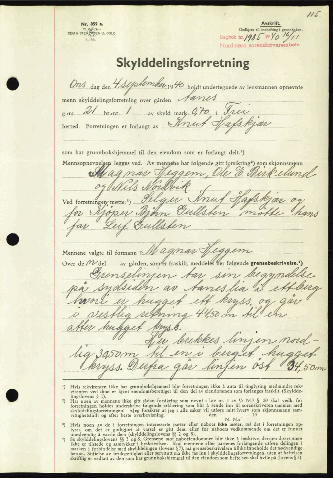 Nordmøre sorenskriveri, SAT/A-4132/1/2/2Ca: Mortgage book no. A89, 1940-1941, Diary no: : 1985/1940