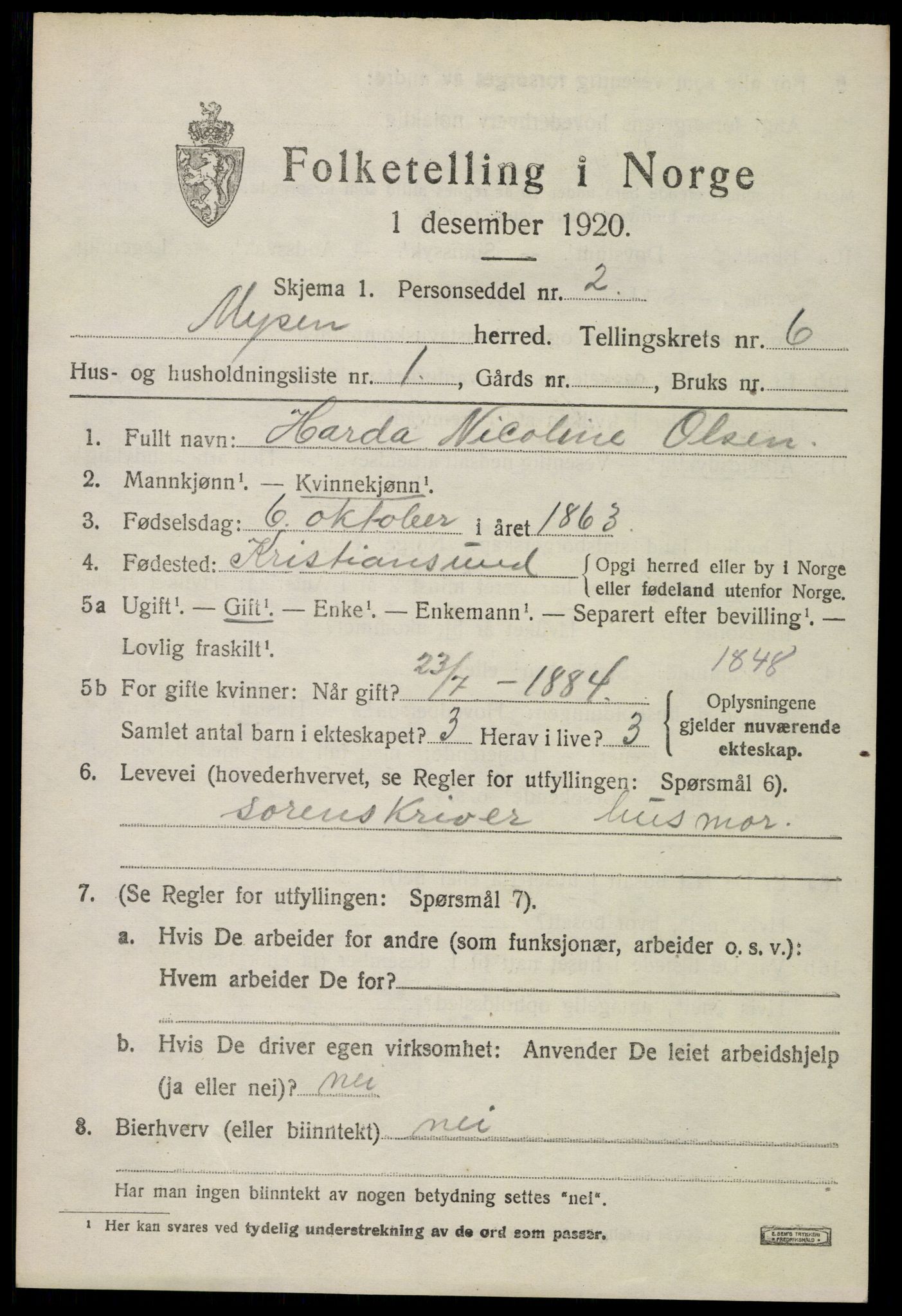 SAO, 1920 census for Mysen, 1920, p. 2937