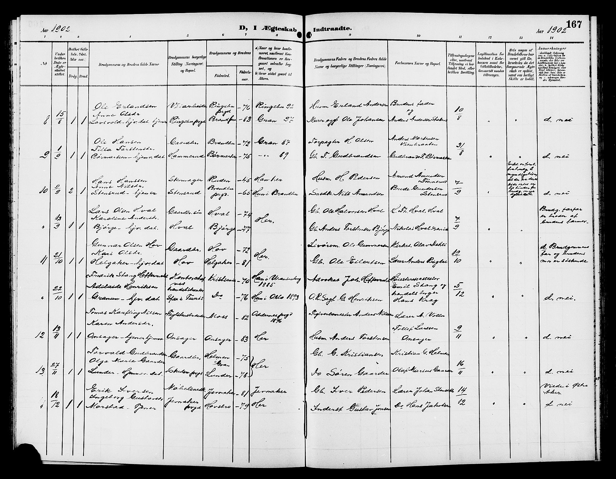 Gran prestekontor, SAH/PREST-112/H/Ha/Hab/L0006: Parish register (copy) no. 6, 1901-1911, p. 167