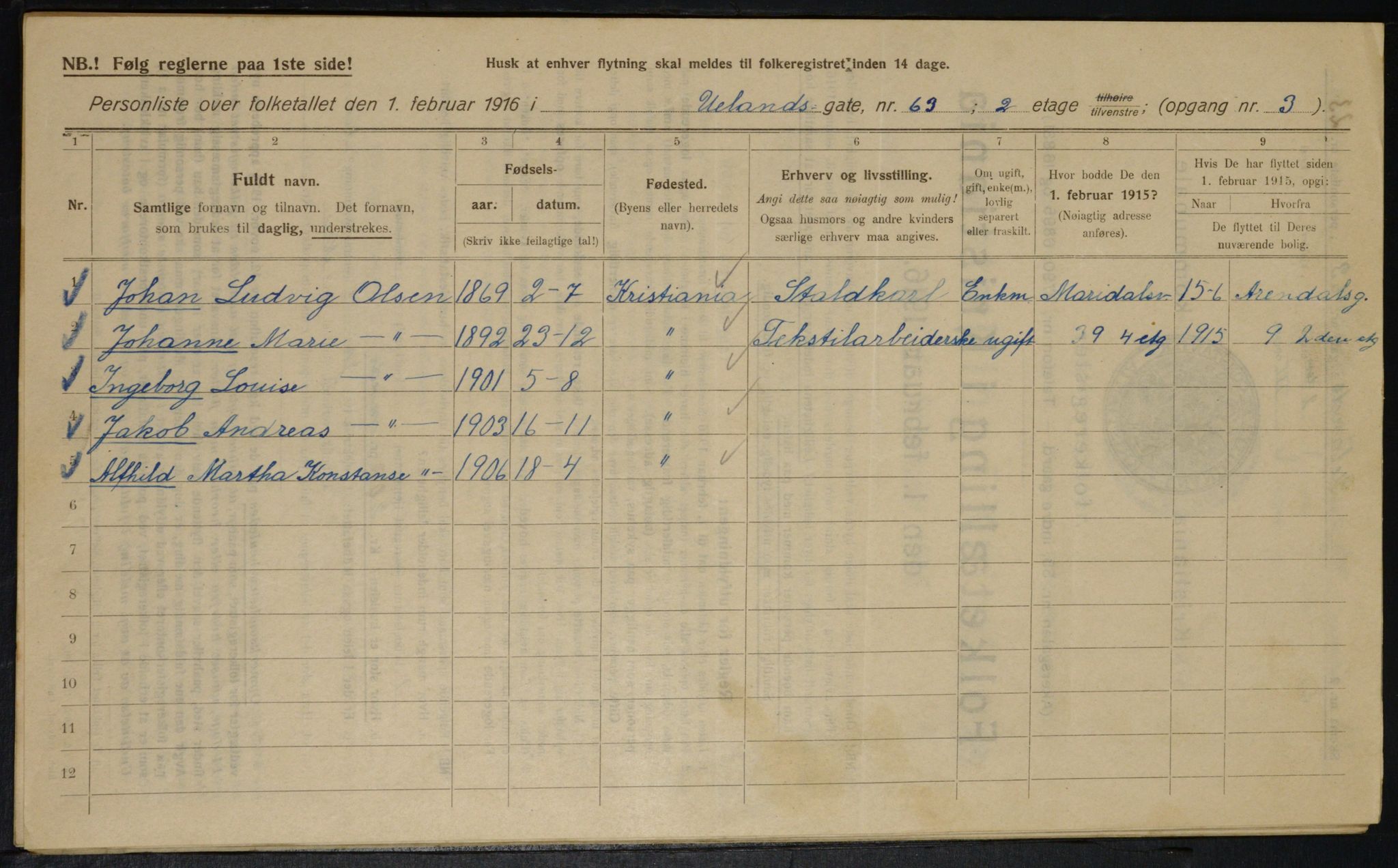 OBA, Municipal Census 1916 for Kristiania, 1916, p. 122119