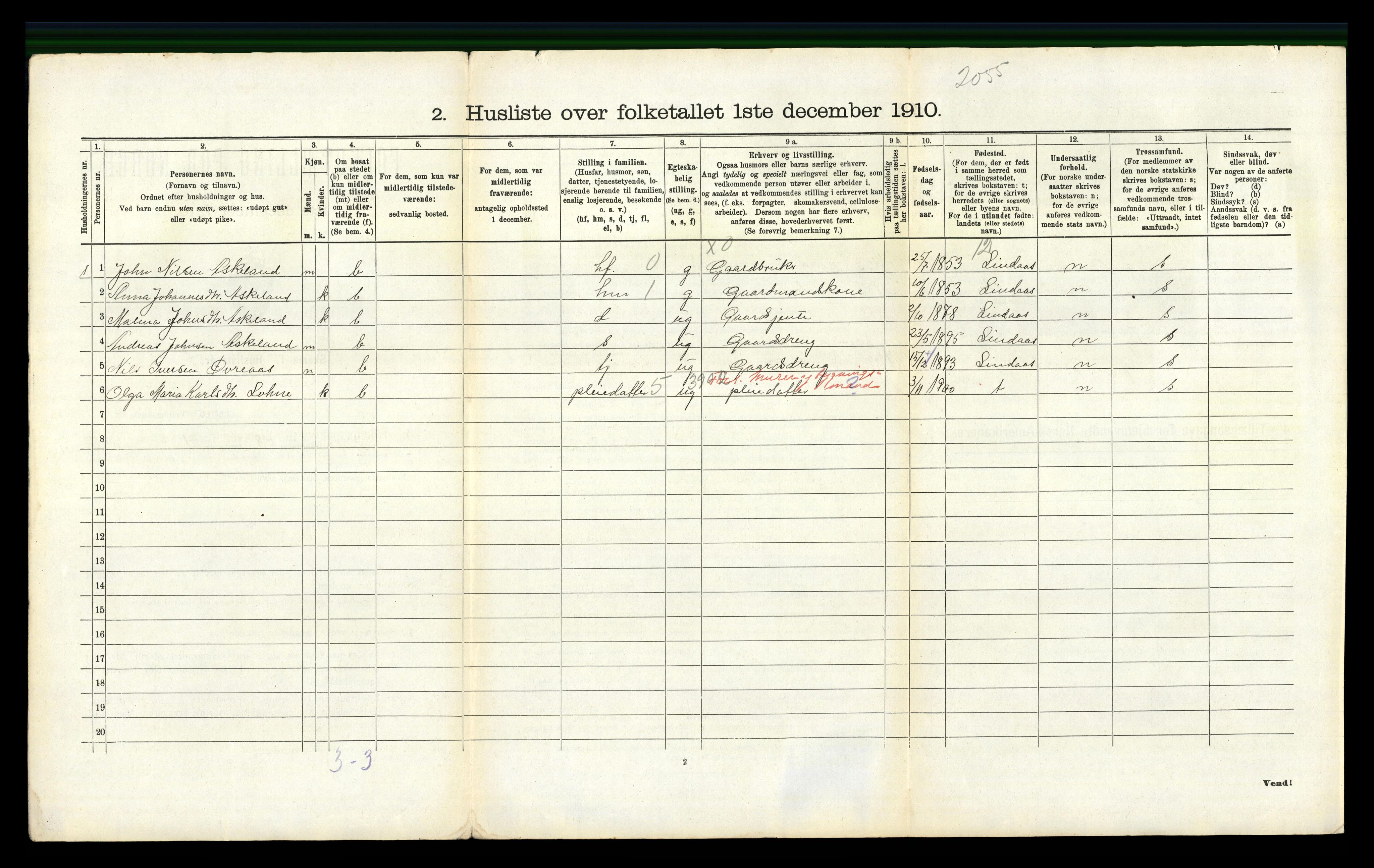 RA, 1910 census for Fana, 1910, p. 2186