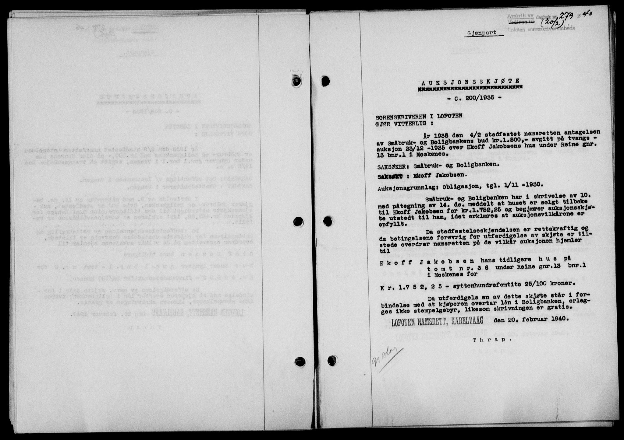 Lofoten sorenskriveri, SAT/A-0017/1/2/2C/L0007a: Mortgage book no. 7a, 1939-1940, Diary no: : 279/1940