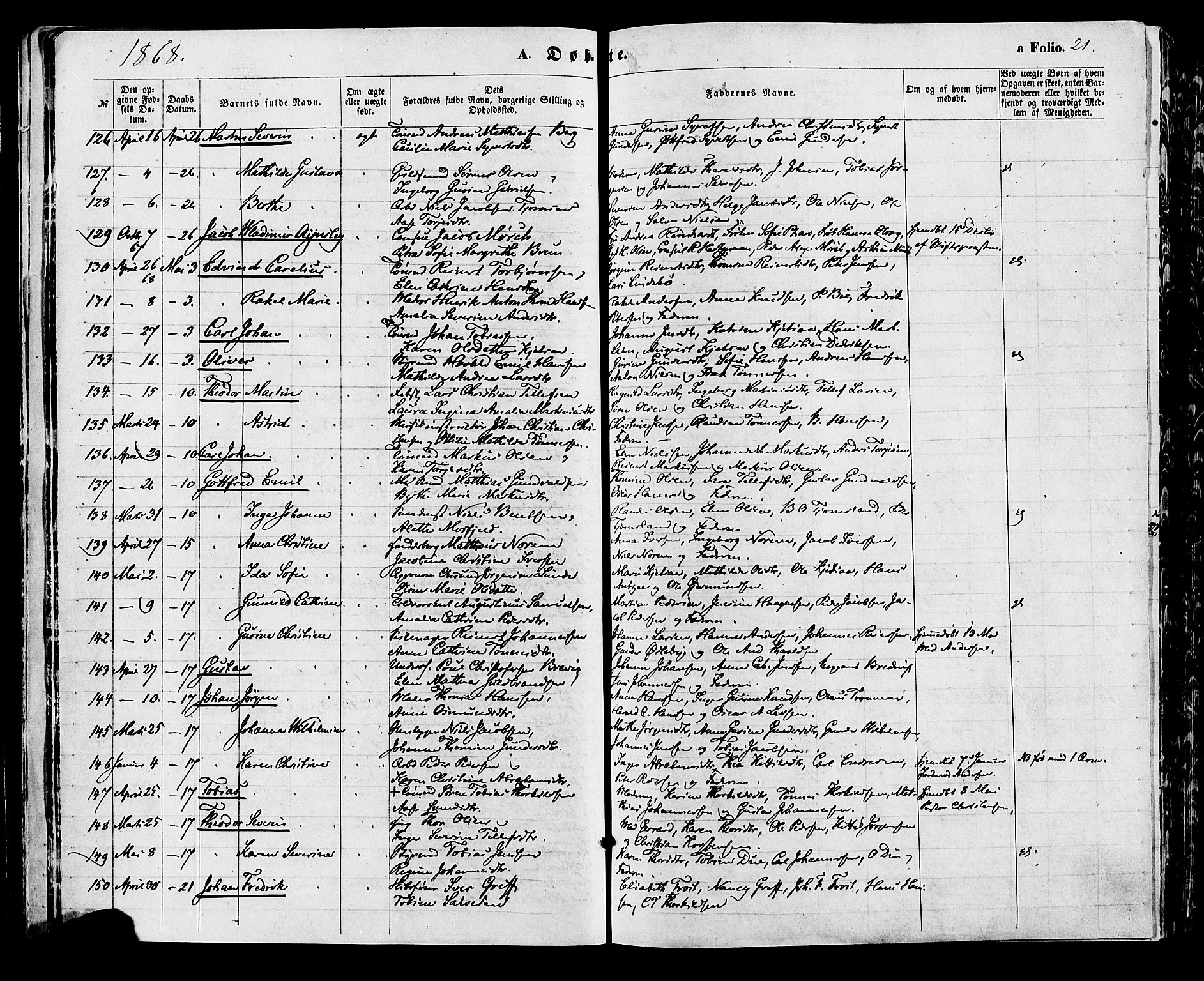 Kristiansand domprosti, SAK/1112-0006/F/Fa/L0015: Parish register (official) no. A 15, 1867-1880, p. 21