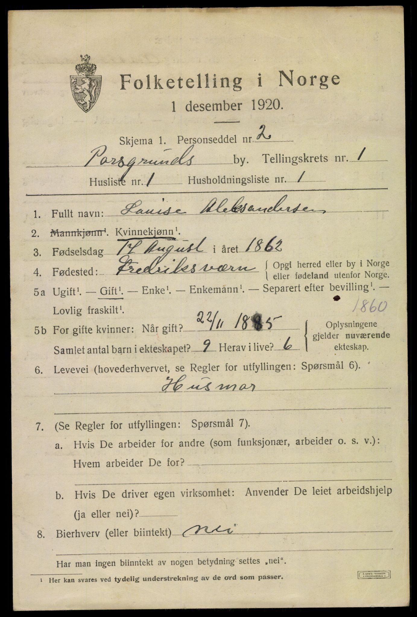 SAKO, 1920 census for Porsgrunn, 1920, p. 7107