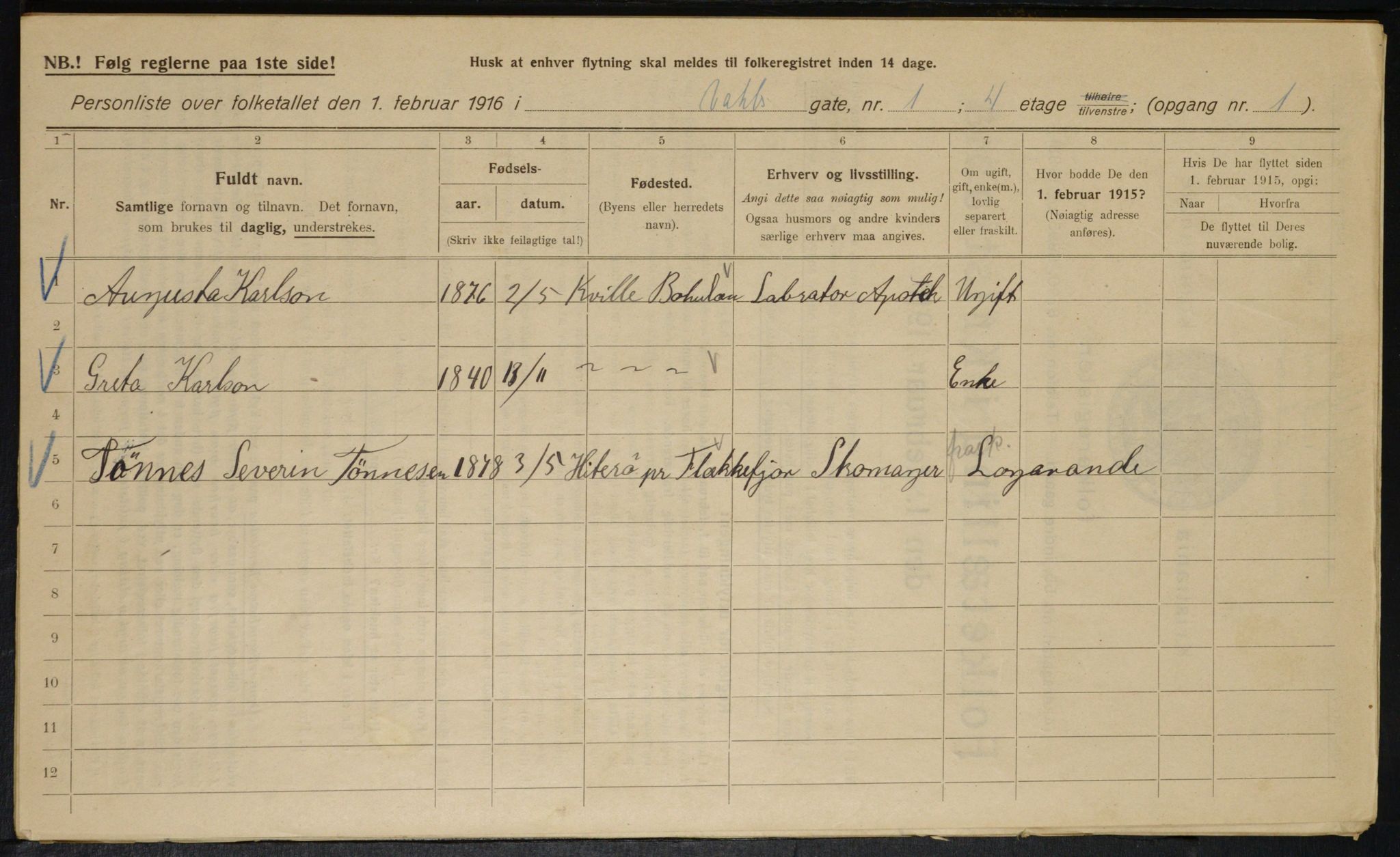 OBA, Municipal Census 1916 for Kristiania, 1916, p. 125123