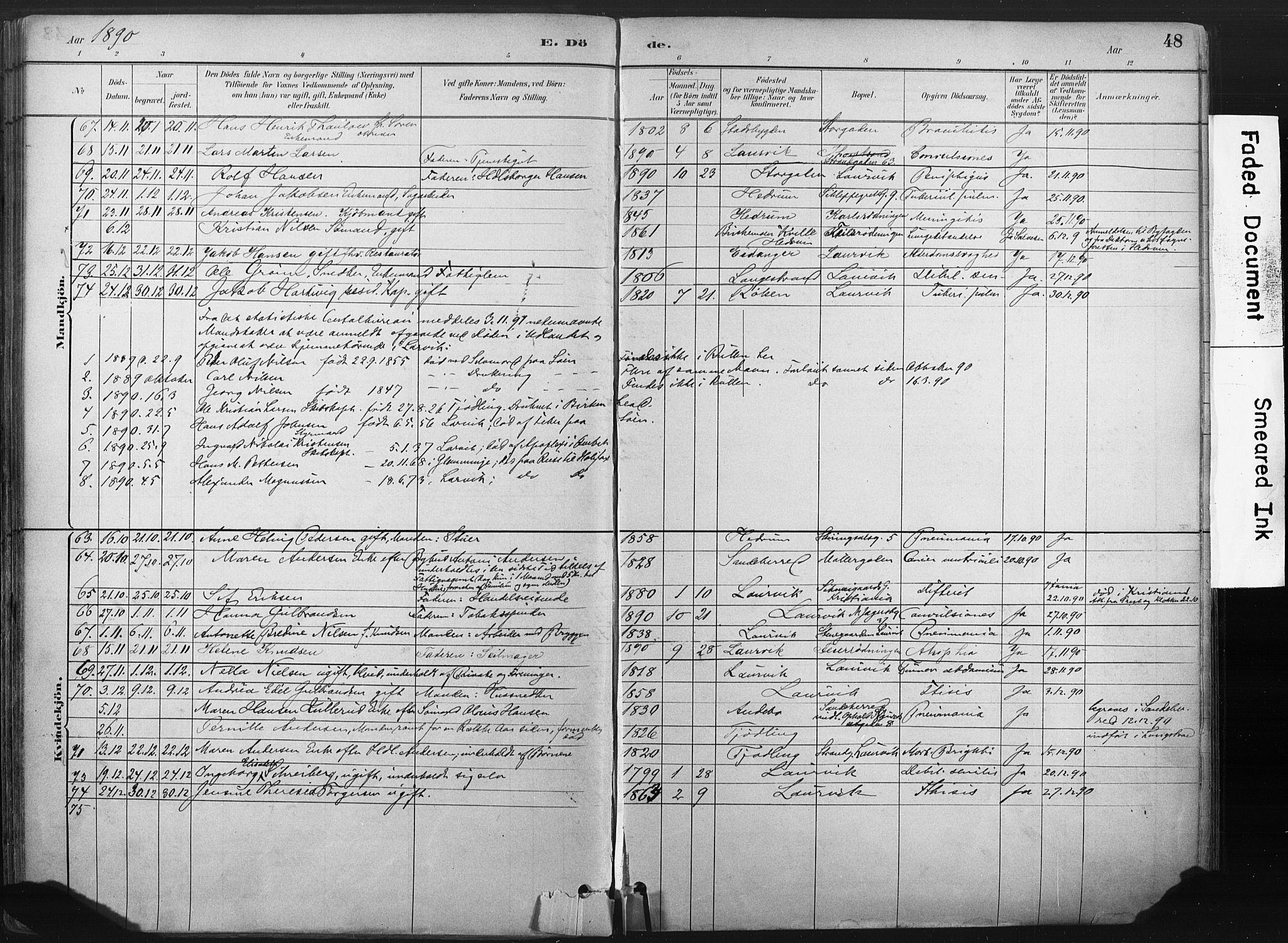 Larvik kirkebøker, SAKO/A-352/F/Fa/L0010: Parish register (official) no. I 10, 1884-1910, p. 48