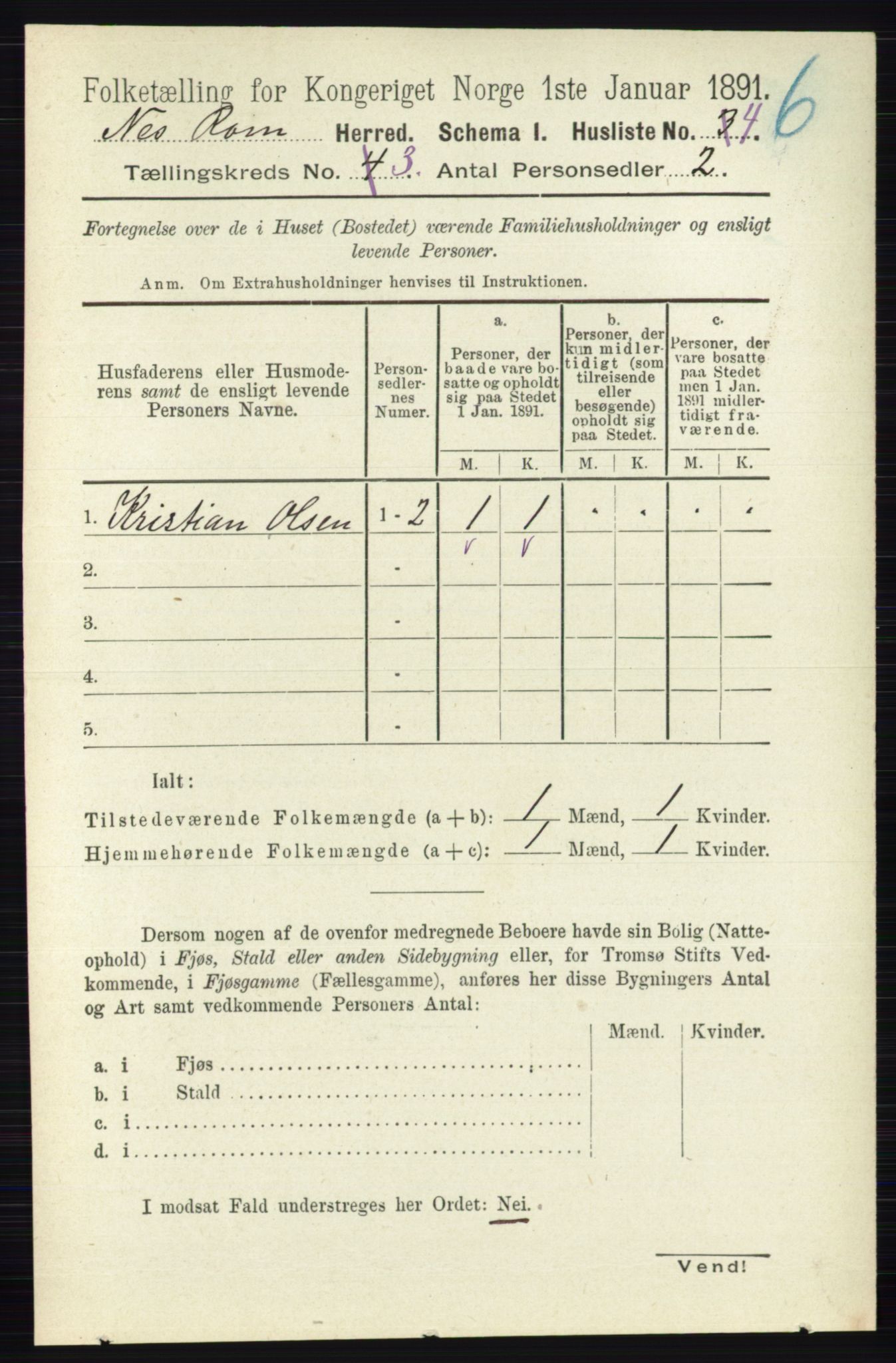 RA, 1891 census for 0236 Nes, 1891, p. 1493