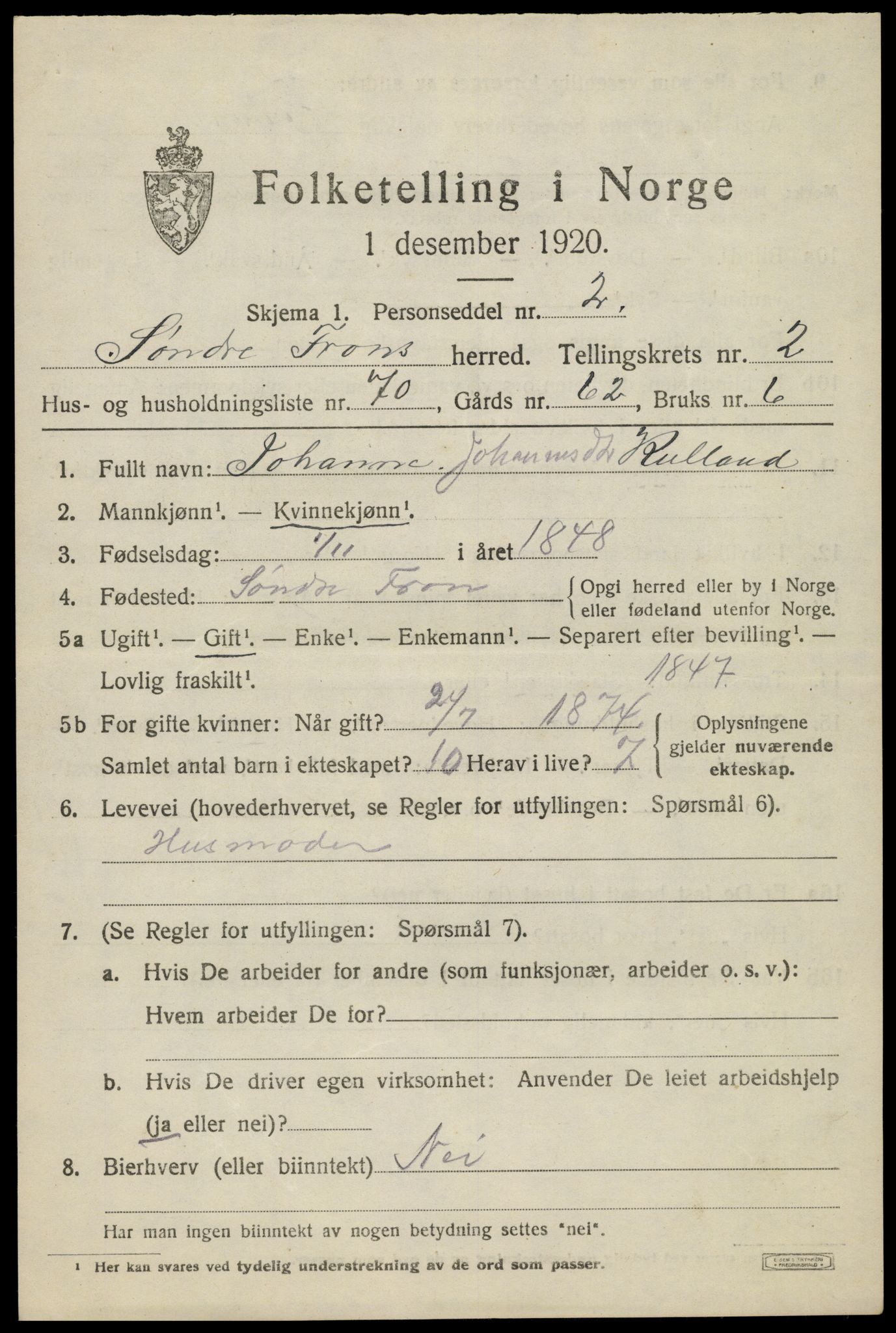SAH, 1920 census for Sør-Fron, 1920, p. 2731