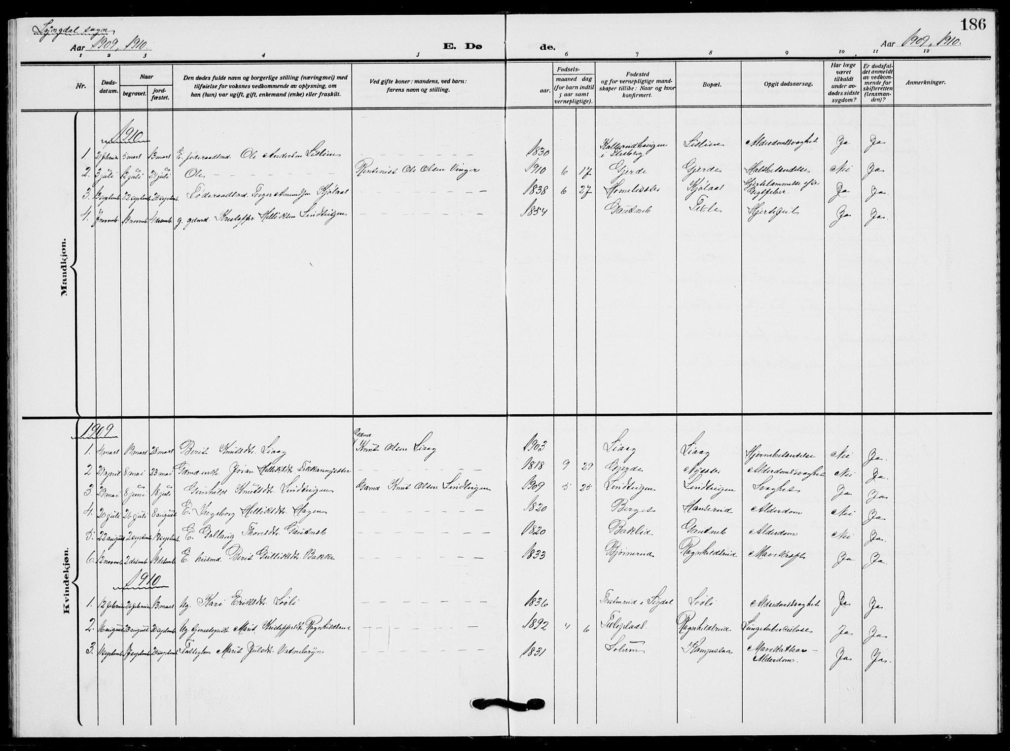 Flesberg kirkebøker, AV/SAKO-A-18/G/Ga/L0006: Parish register (copy) no. I 6, 1909-1924, p. 186