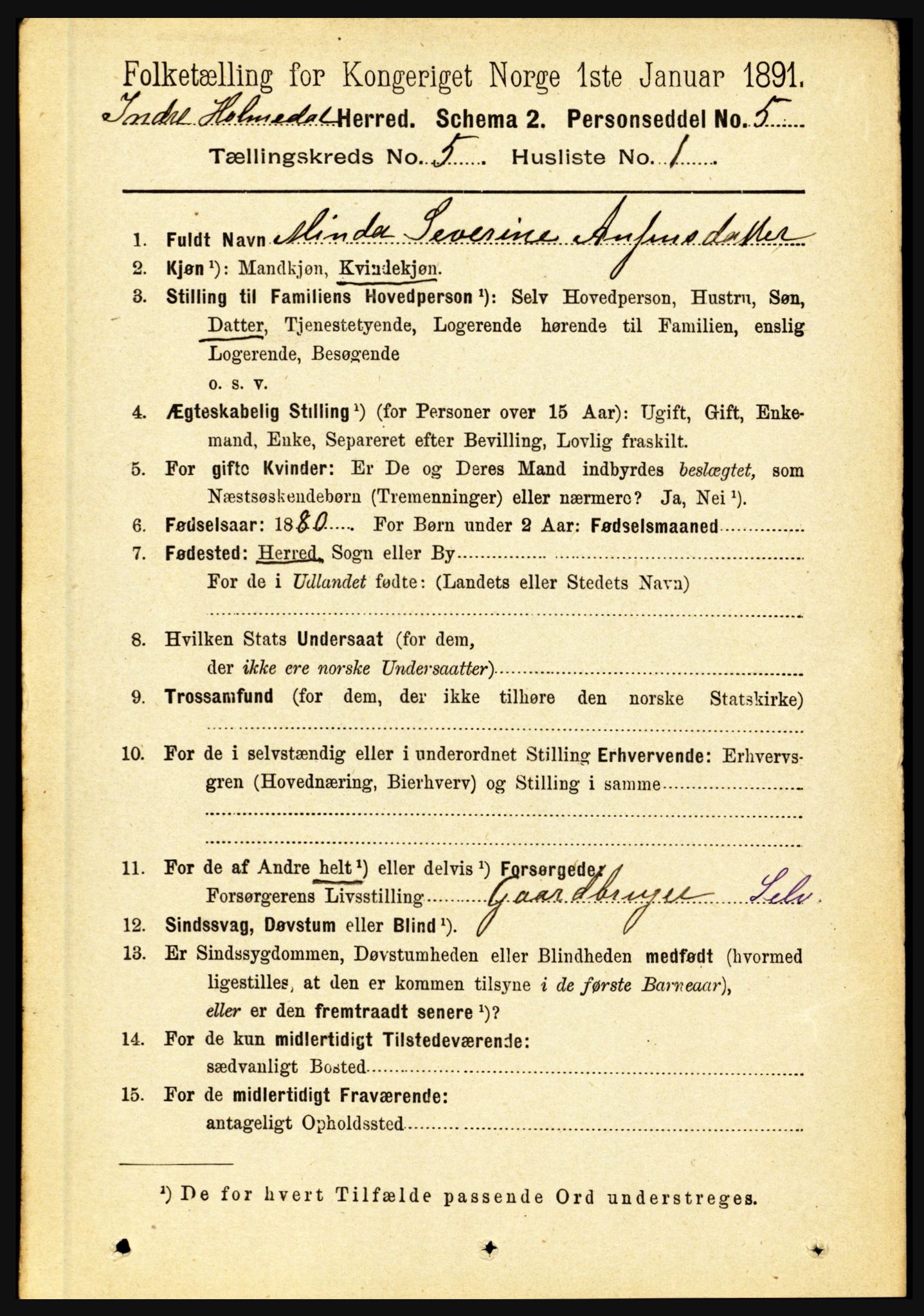 RA, 1891 census for 1430 Indre Holmedal, 1891, p. 1907