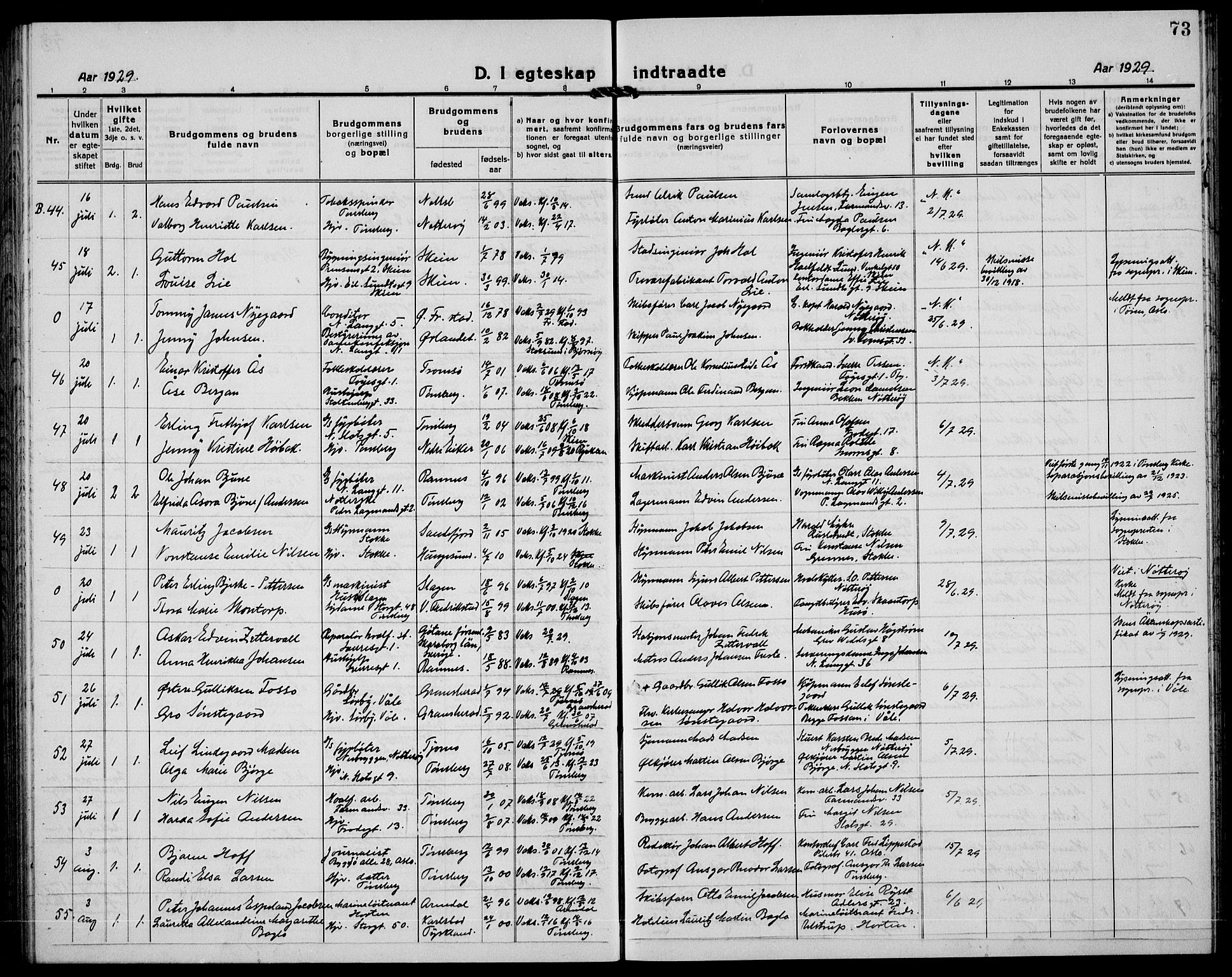 Tønsberg kirkebøker, AV/SAKO-A-330/G/Ga/L0016: Parish register (copy) no. 16, 1920-1933, p. 73