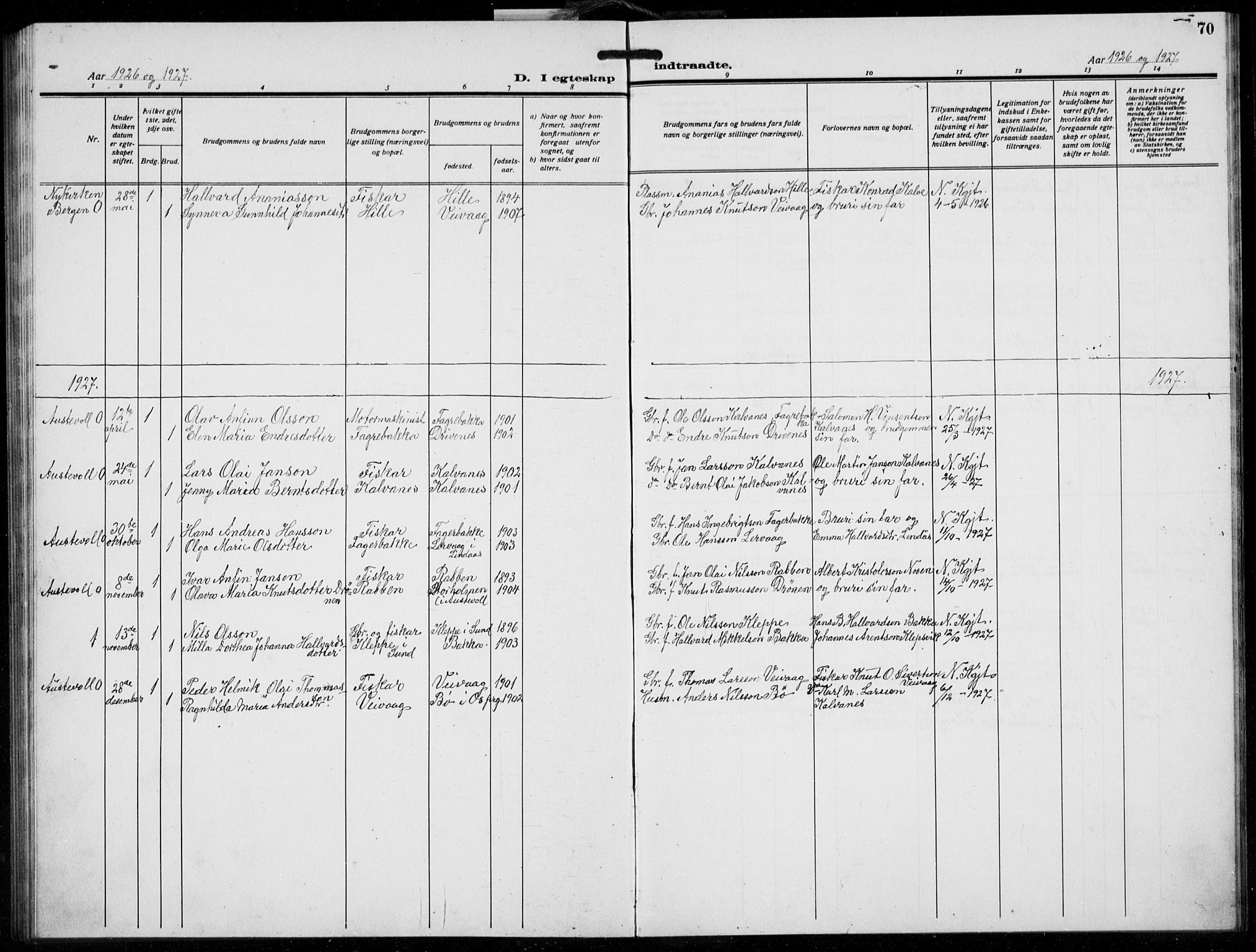 Austevoll Sokneprestembete, SAB/A-74201/H/Hab: Parish register (copy) no. B  7, 1926-1939, p. 70