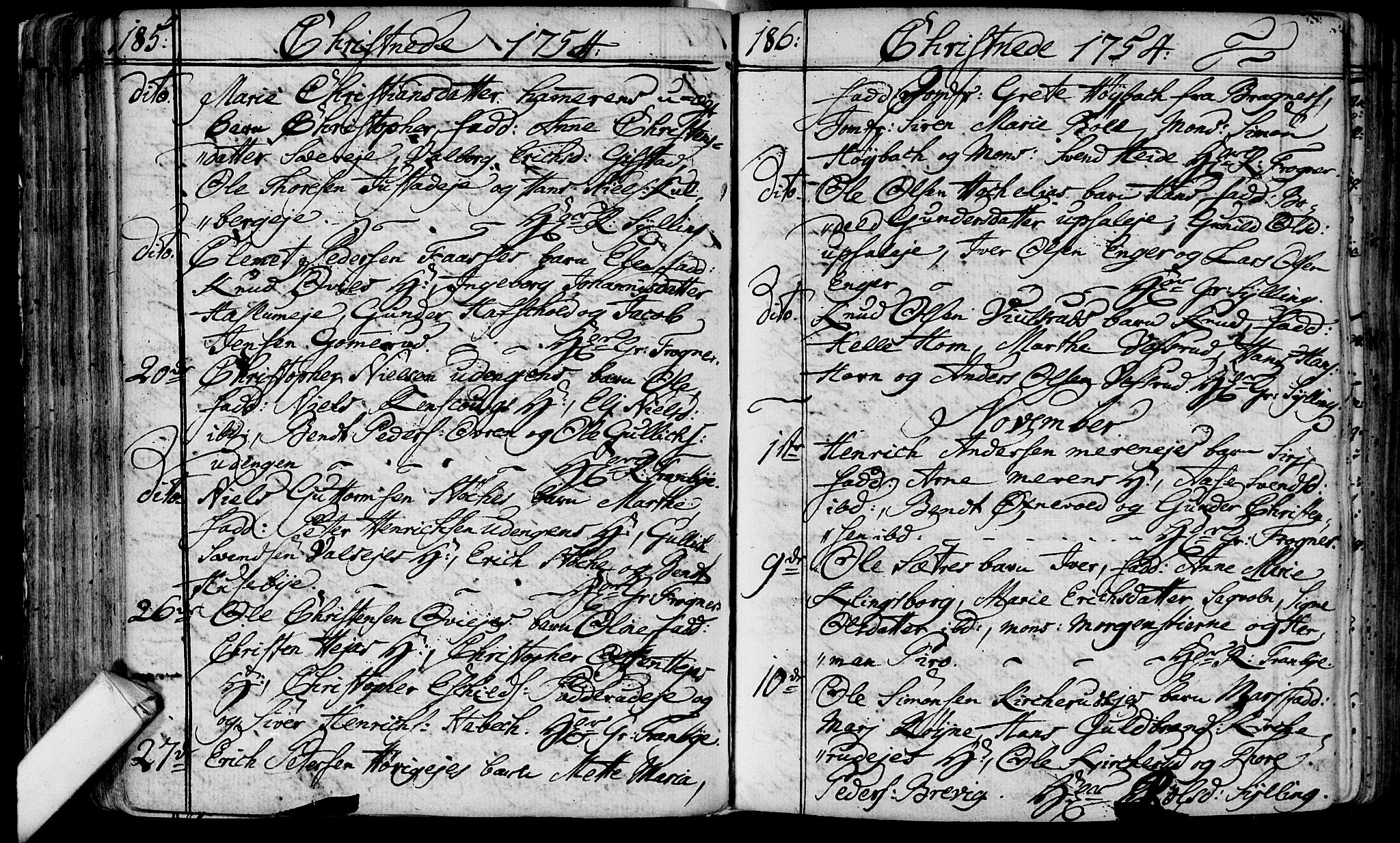 Lier kirkebøker, AV/SAKO-A-230/F/Fa/L0004: Parish register (official) no. I 4, 1749-1764, p. 185-186