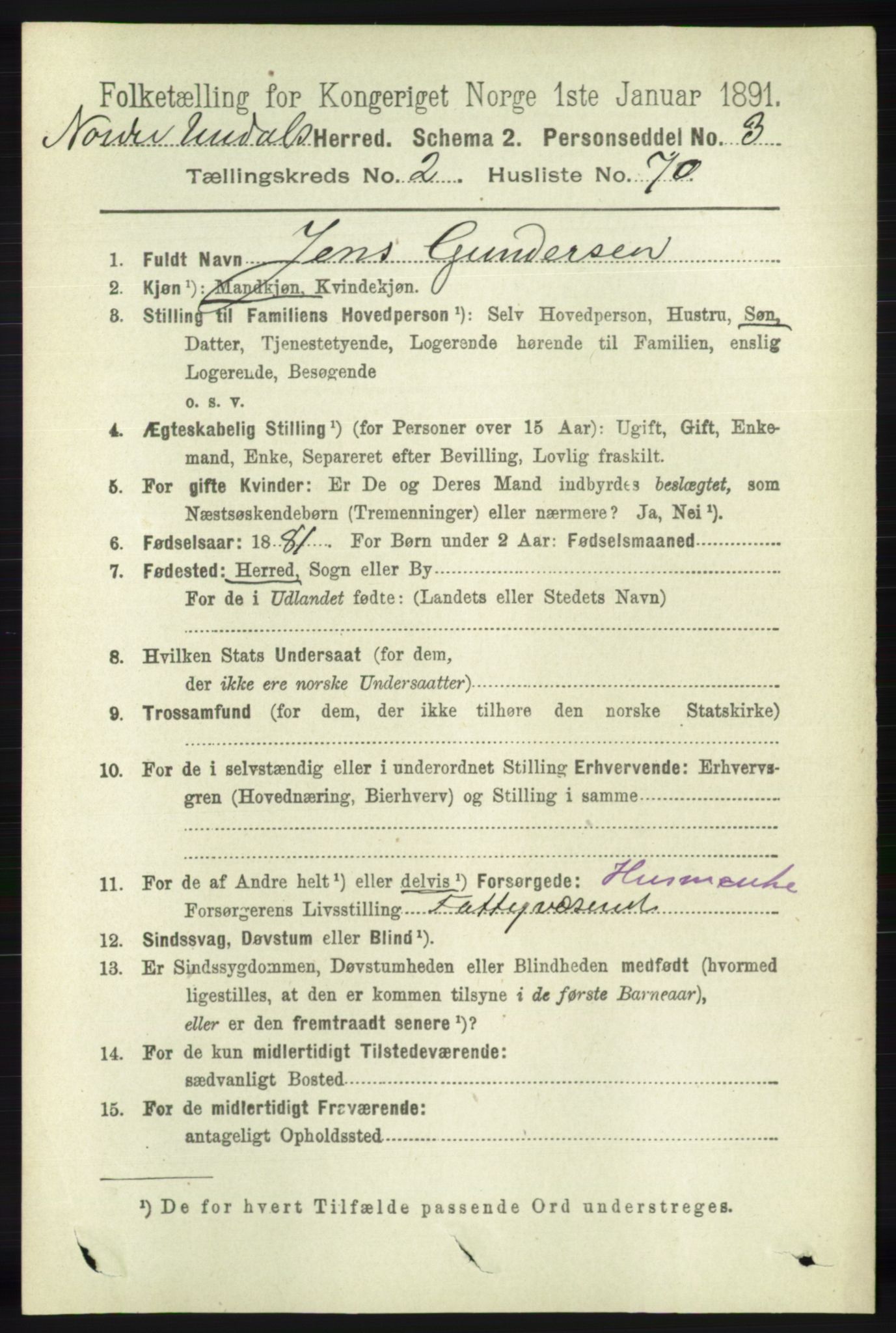 RA, 1891 census for 1028 Nord-Audnedal, 1891, p. 698