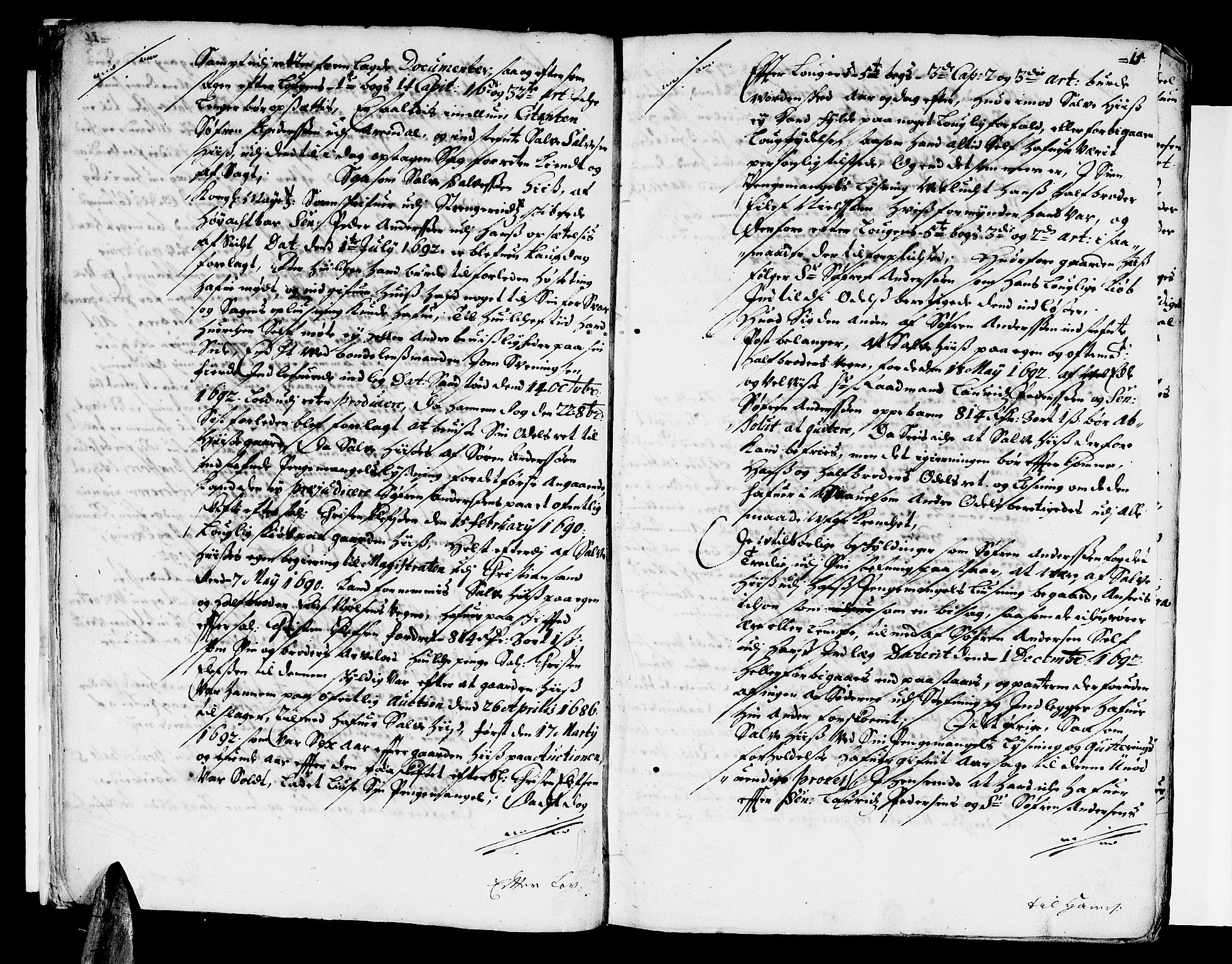 Nedenes sorenskriveri før 1824, SAK/1221-0007/F/Fa/L0007: Tingbok med register nr 4, 1692-1696, p. 14b-15a