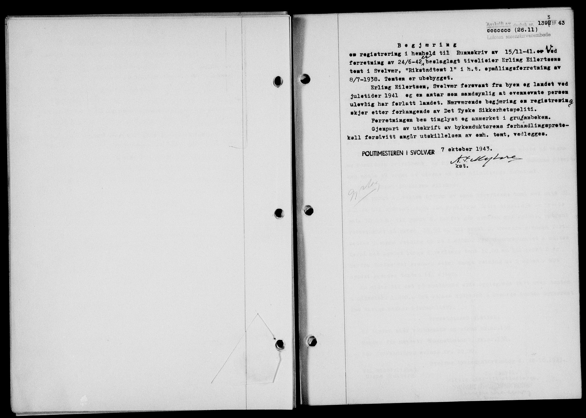 Lofoten sorenskriveri, SAT/A-0017/1/2/2C/L0011a: Mortgage book no. 11a, 1943-1943, Diary no: : 1393/1943