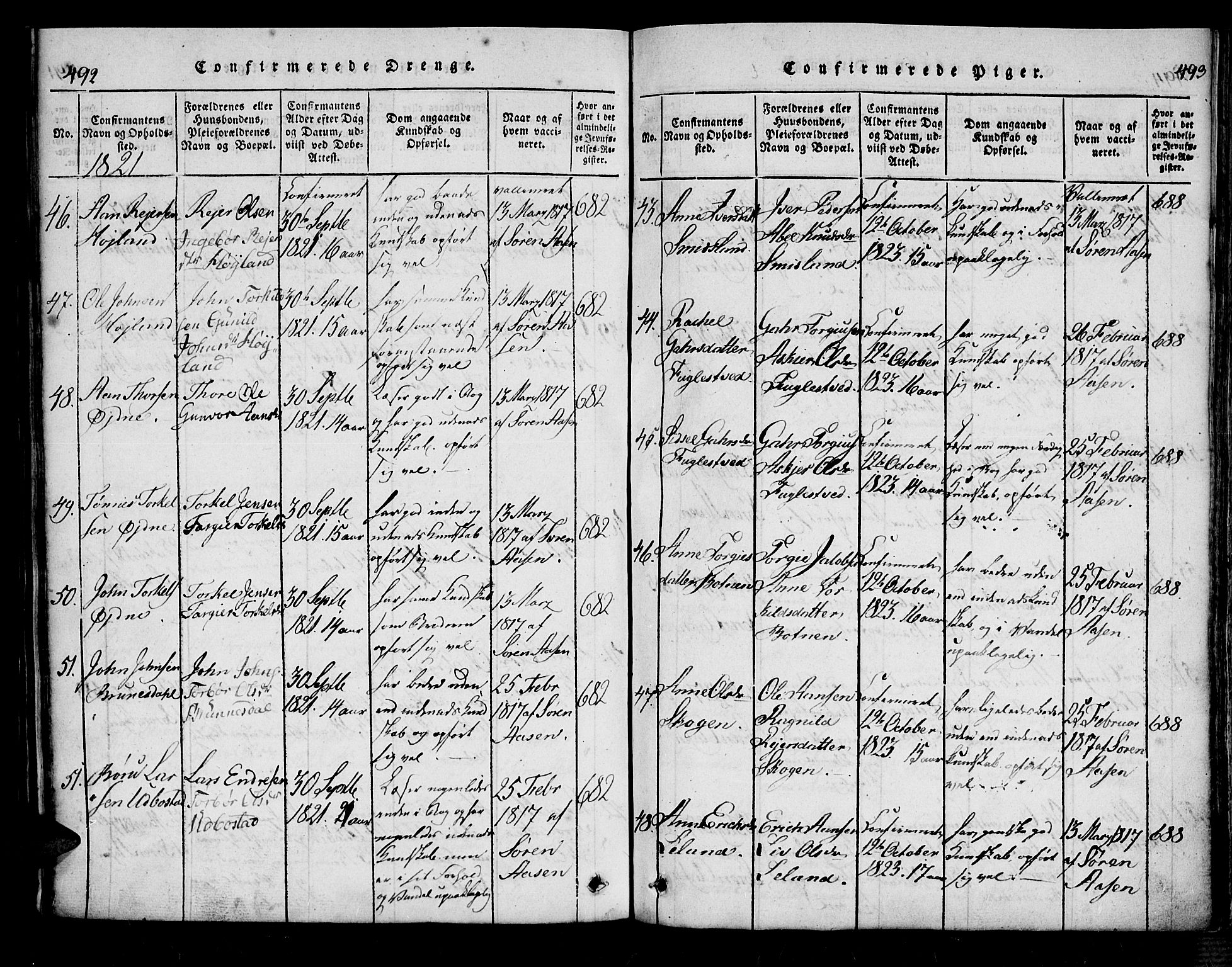 Bjelland sokneprestkontor, AV/SAK-1111-0005/F/Fa/Fac/L0001: Parish register (official) no. A 1, 1815-1866, p. 492-493