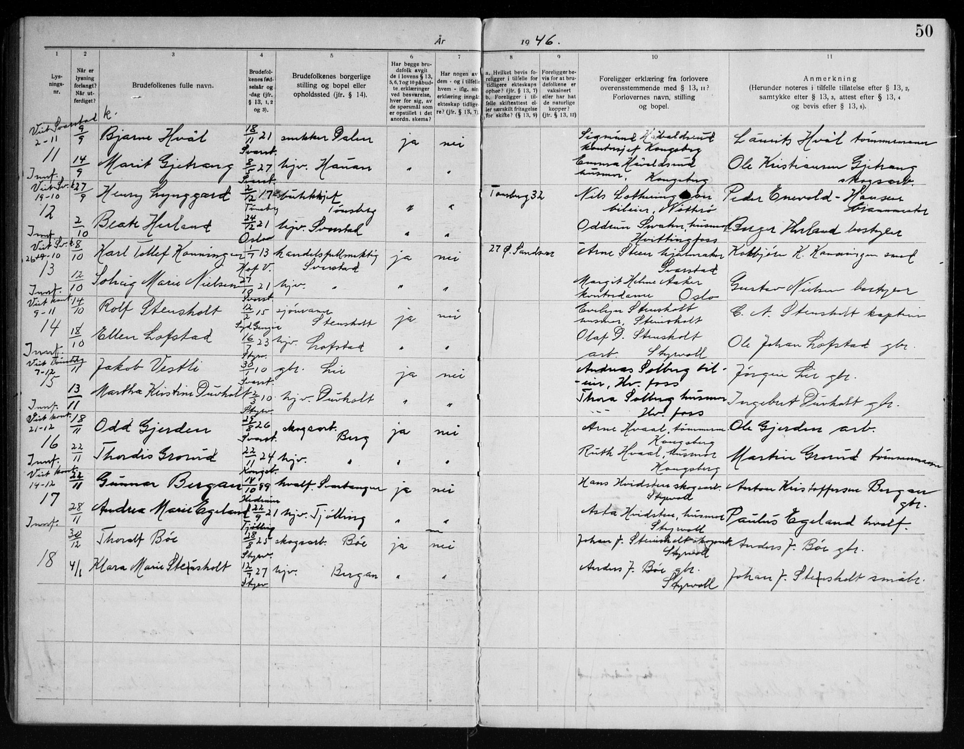 Lardal kirkebøker, AV/SAKO-A-350/H/Ha/L0001: Banns register no. 1, 1919-1965, p. 50