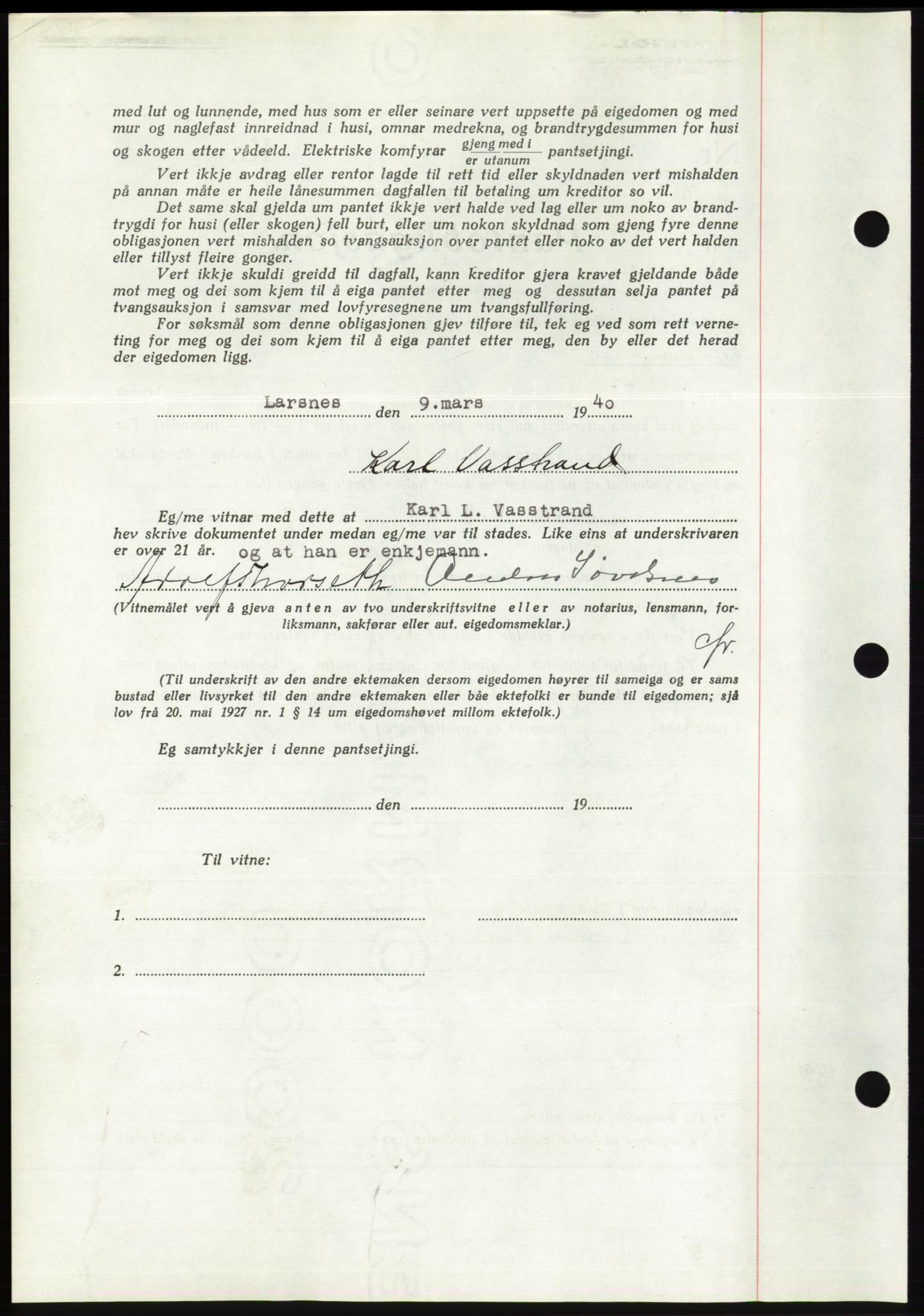 Søre Sunnmøre sorenskriveri, AV/SAT-A-4122/1/2/2C/L0069: Mortgage book no. 63, 1939-1940, Diary no: : 275/1940