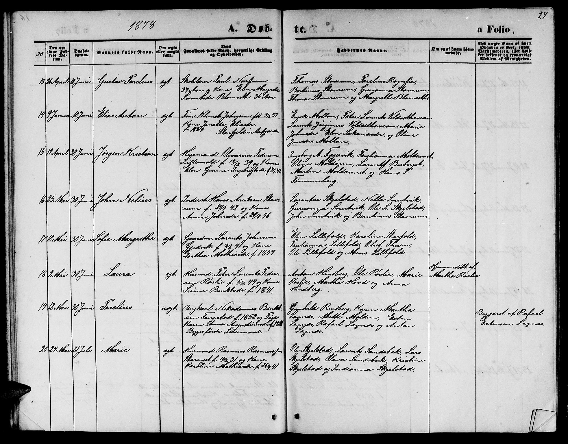 Ministerialprotokoller, klokkerbøker og fødselsregistre - Nord-Trøndelag, AV/SAT-A-1458/744/L0422: Parish register (copy) no. 744C01, 1871-1885, p. 27