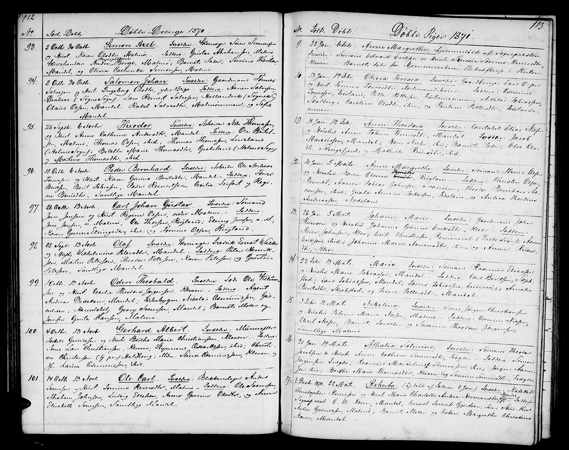 Mandal sokneprestkontor, SAK/1111-0030/F/Fb/Fba/L0009: Parish register (copy) no. B 3, 1867-1877, p. 112-113