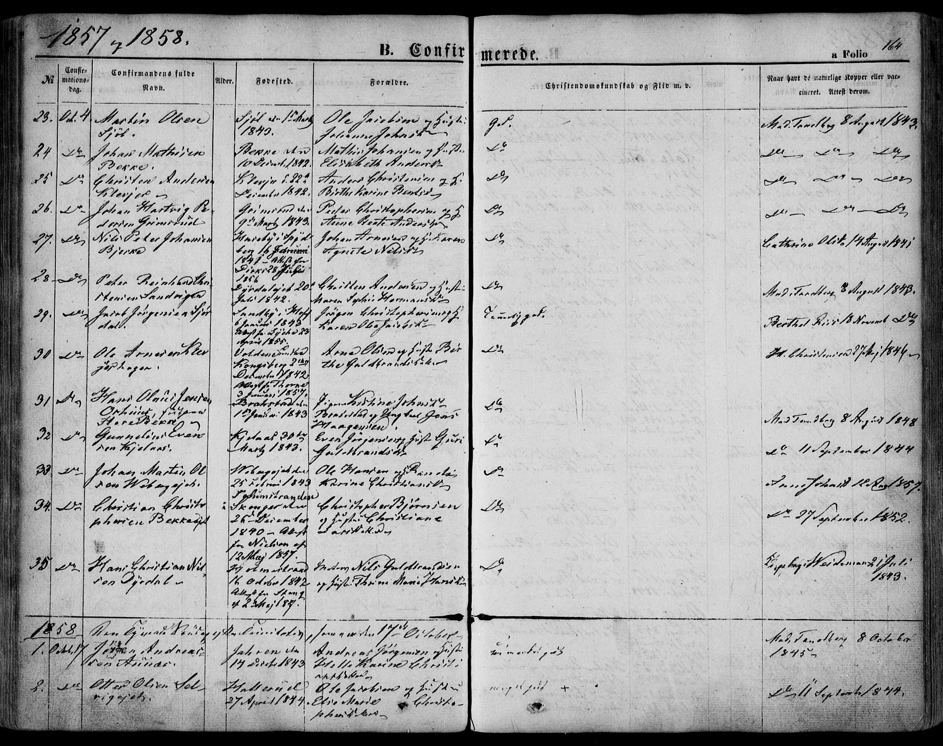 Sande Kirkebøker, SAKO/A-53/F/Fa/L0004: Parish register (official) no. 4, 1847-1864, p. 164