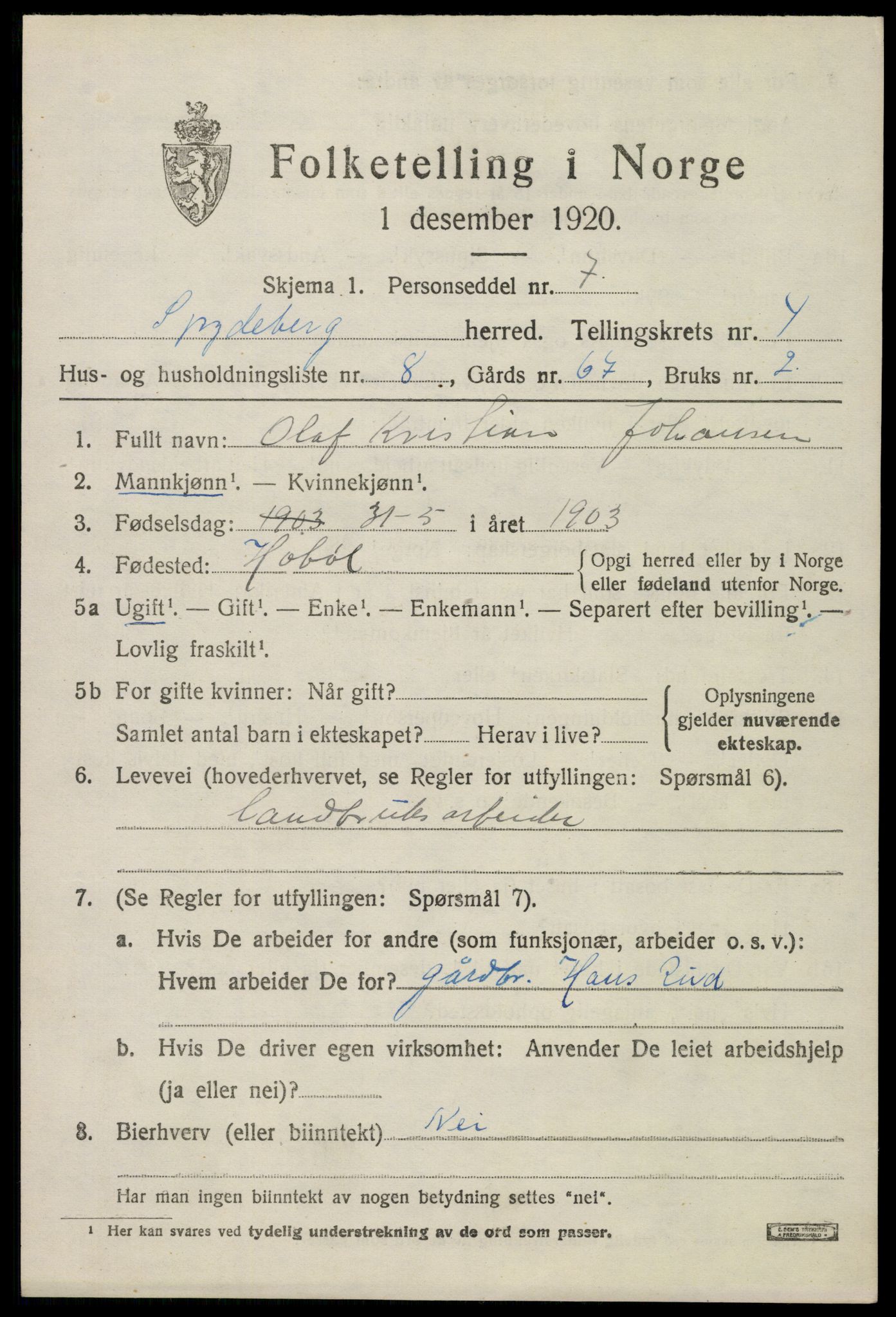 SAO, 1920 census for Spydeberg, 1920, p. 5639