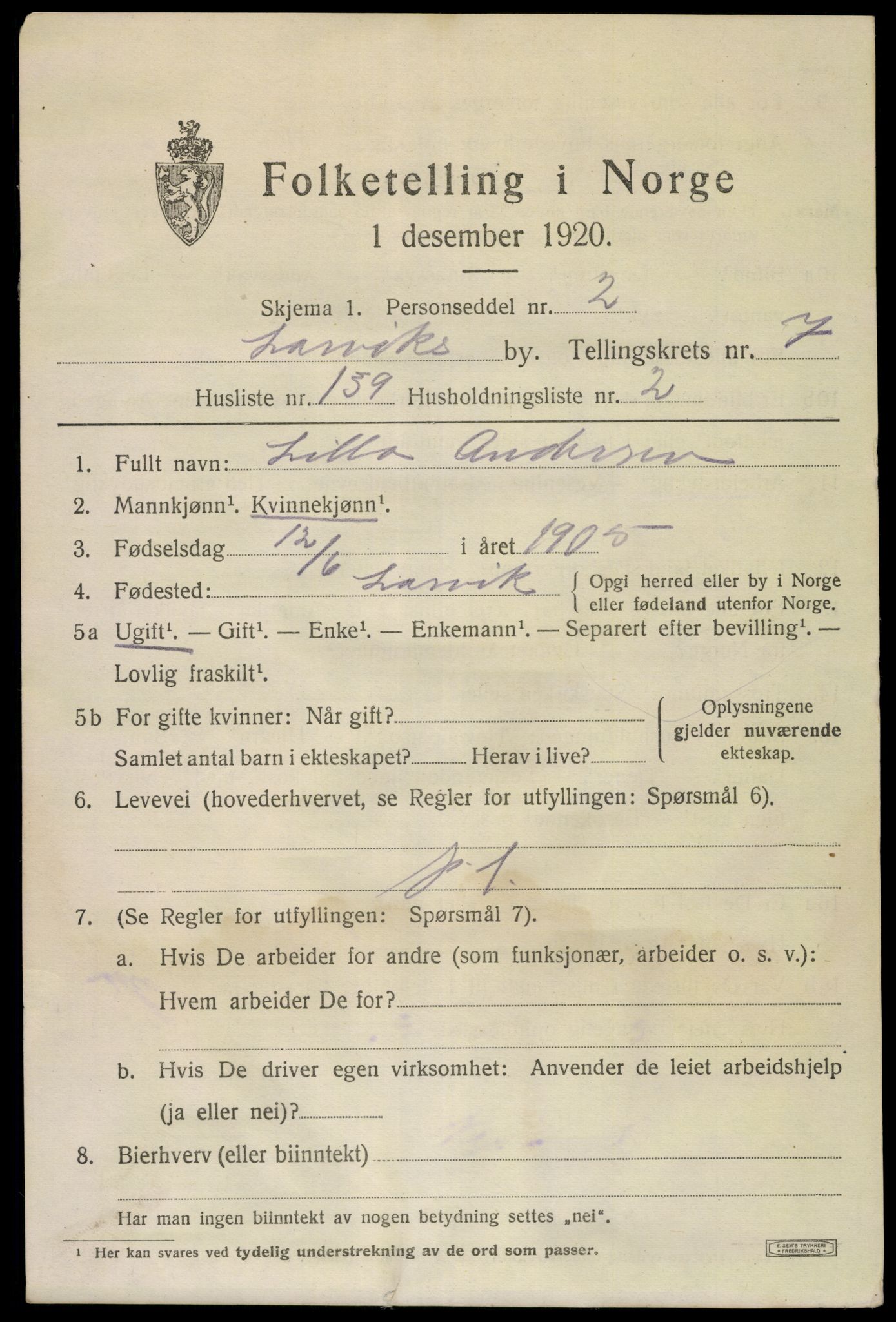 SAKO, 1920 census for Larvik, 1920, p. 22952