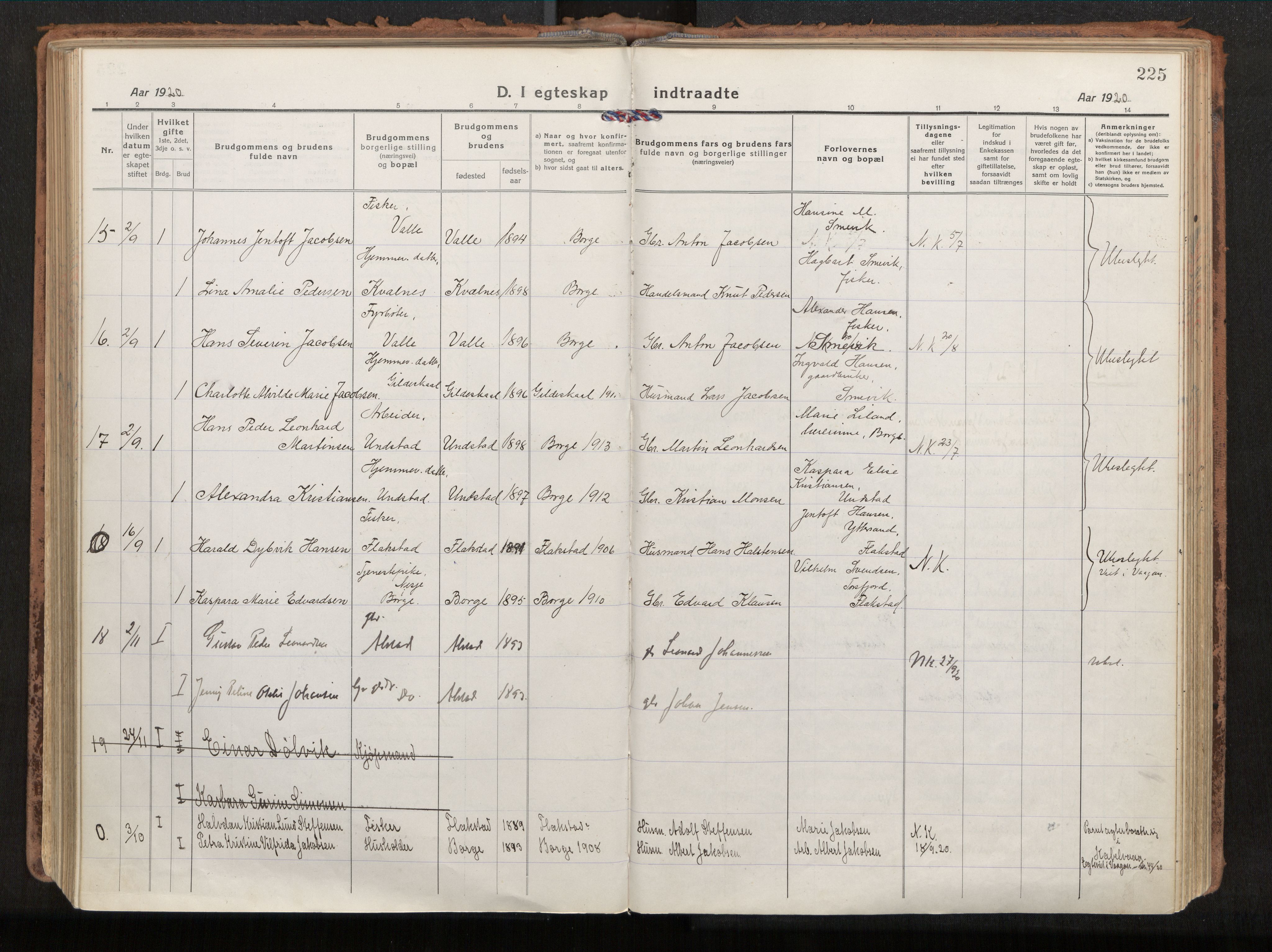 Ministerialprotokoller, klokkerbøker og fødselsregistre - Nordland, SAT/A-1459/880/L1136: Parish register (official) no. 880A10, 1919-1927, p. 225
