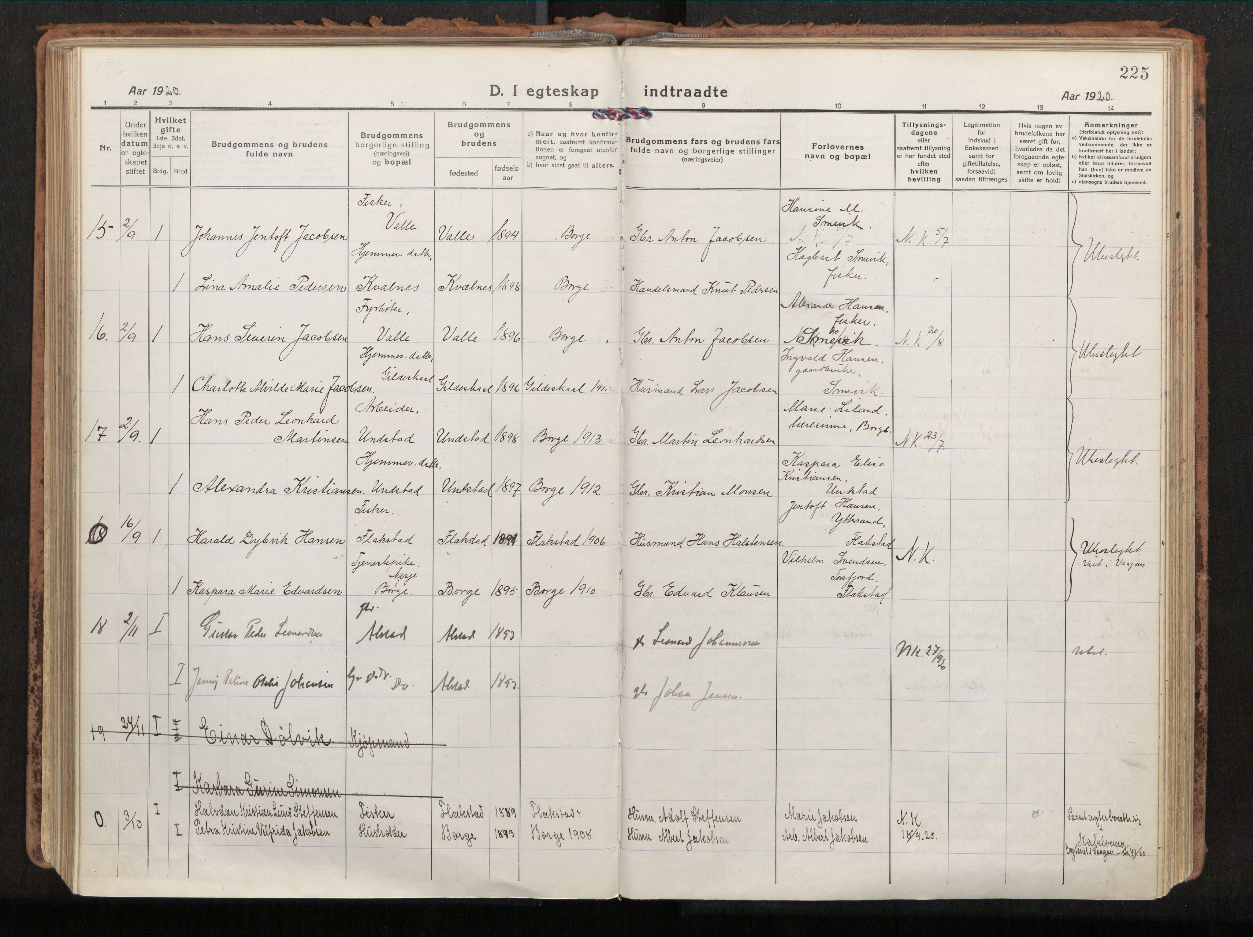 Ministerialprotokoller, klokkerbøker og fødselsregistre - Nordland, AV/SAT-A-1459/880/L1136: Parish register (official) no. 880A10, 1919-1927, p. 225