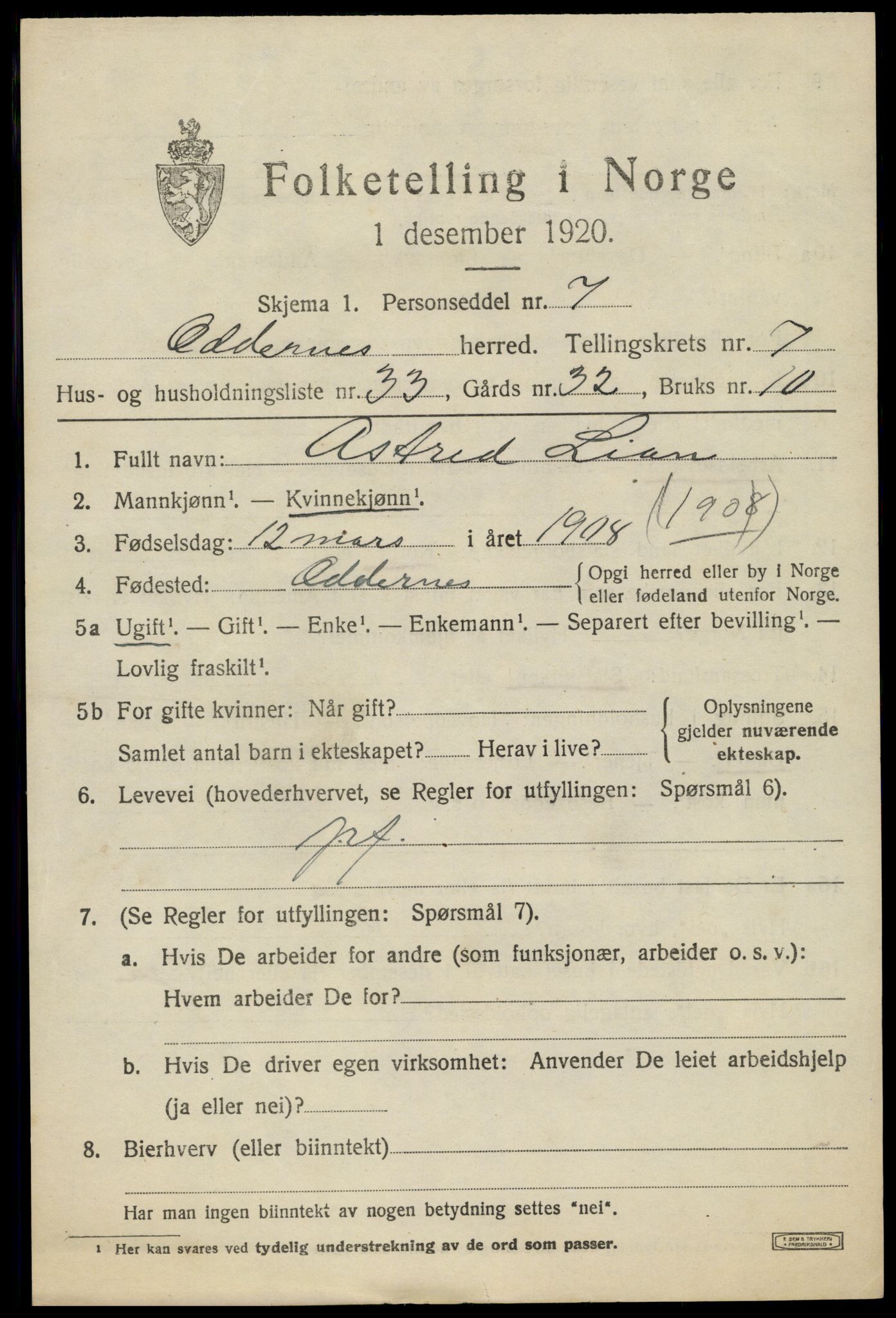 SAK, 1920 census for Oddernes, 1920, p. 5565