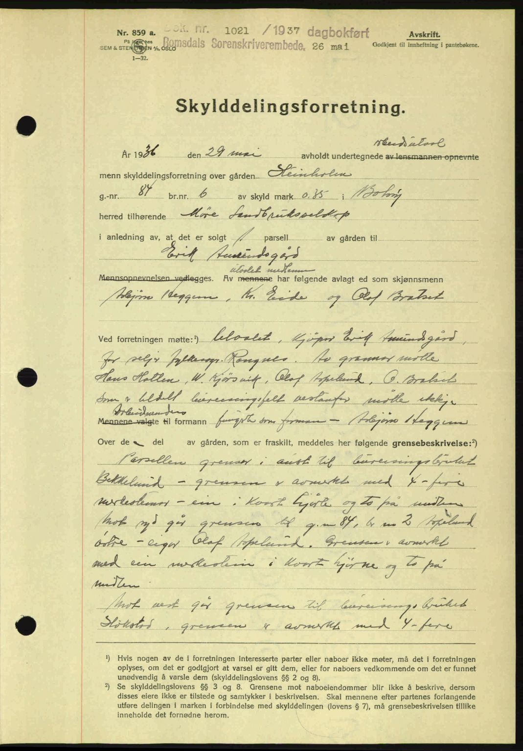 Romsdal sorenskriveri, SAT/A-4149/1/2/2C: Mortgage book no. A3, 1937-1937, Diary no: : 1021/1937