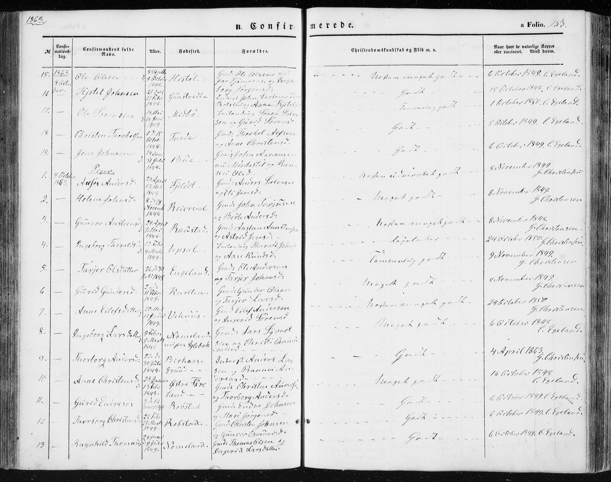 Vennesla sokneprestkontor, SAK/1111-0045/Fa/Fac/L0007: Parish register (official) no. A 7, 1855-1873, p. 153