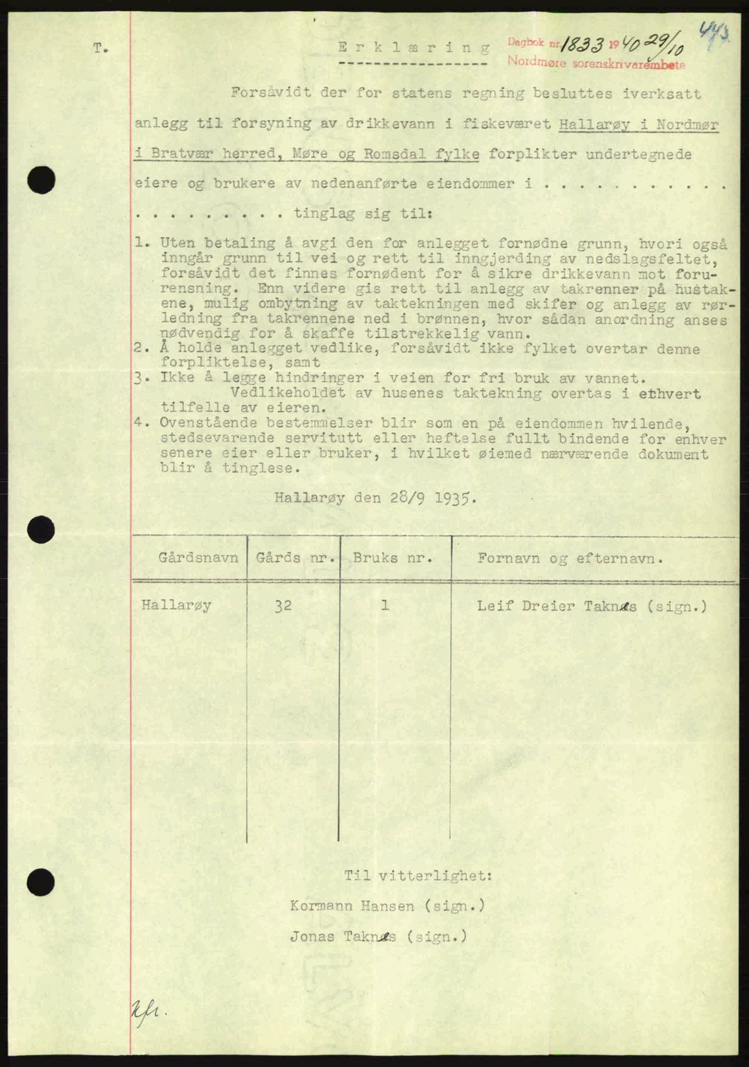 Nordmøre sorenskriveri, AV/SAT-A-4132/1/2/2Ca: Mortgage book no. B87, 1940-1941, Diary no: : 1833/1940